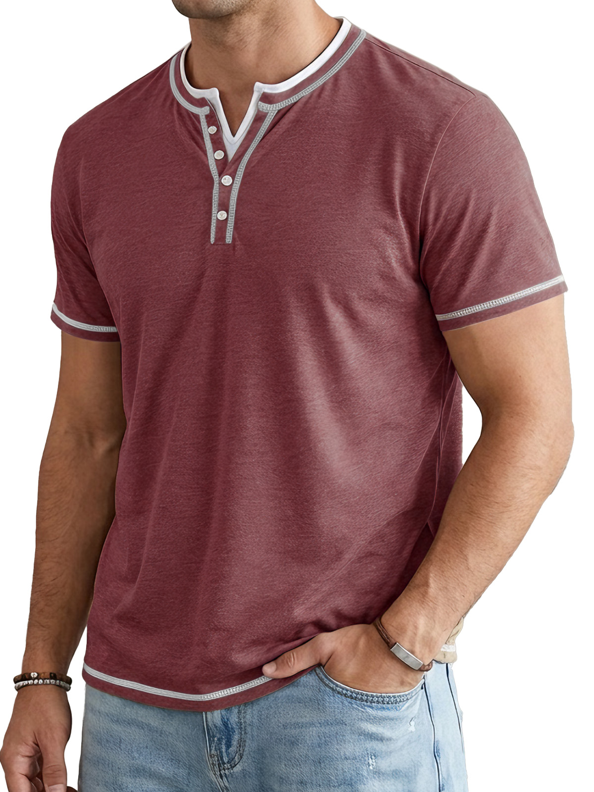 Men's Short Sleeve Color Block Fake Two Piece Henley Shirt