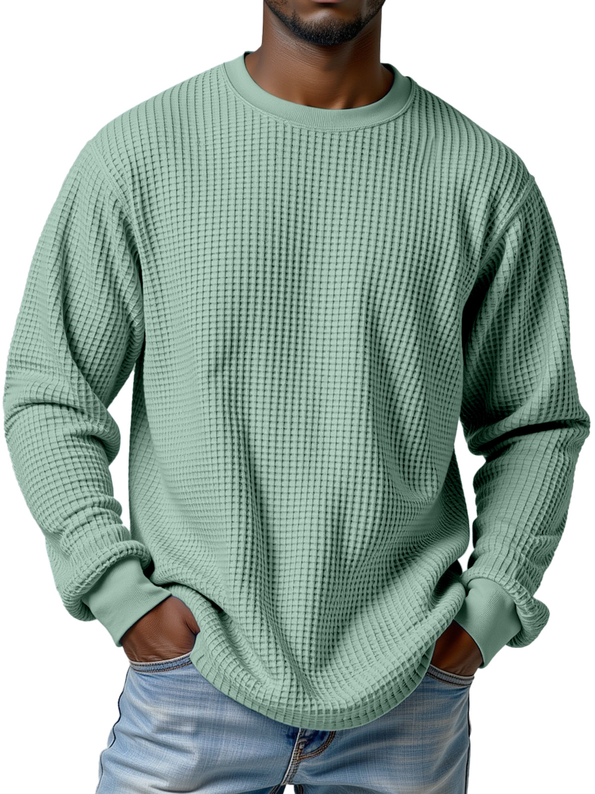 Men's Casual Solid Color Waffle Round Neck Long Sleeve T-shirt