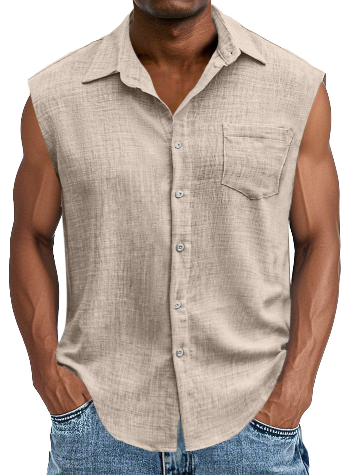 Men's Casual And Comfortable Imitation Linen Button Sleeveless Lapel Shirt