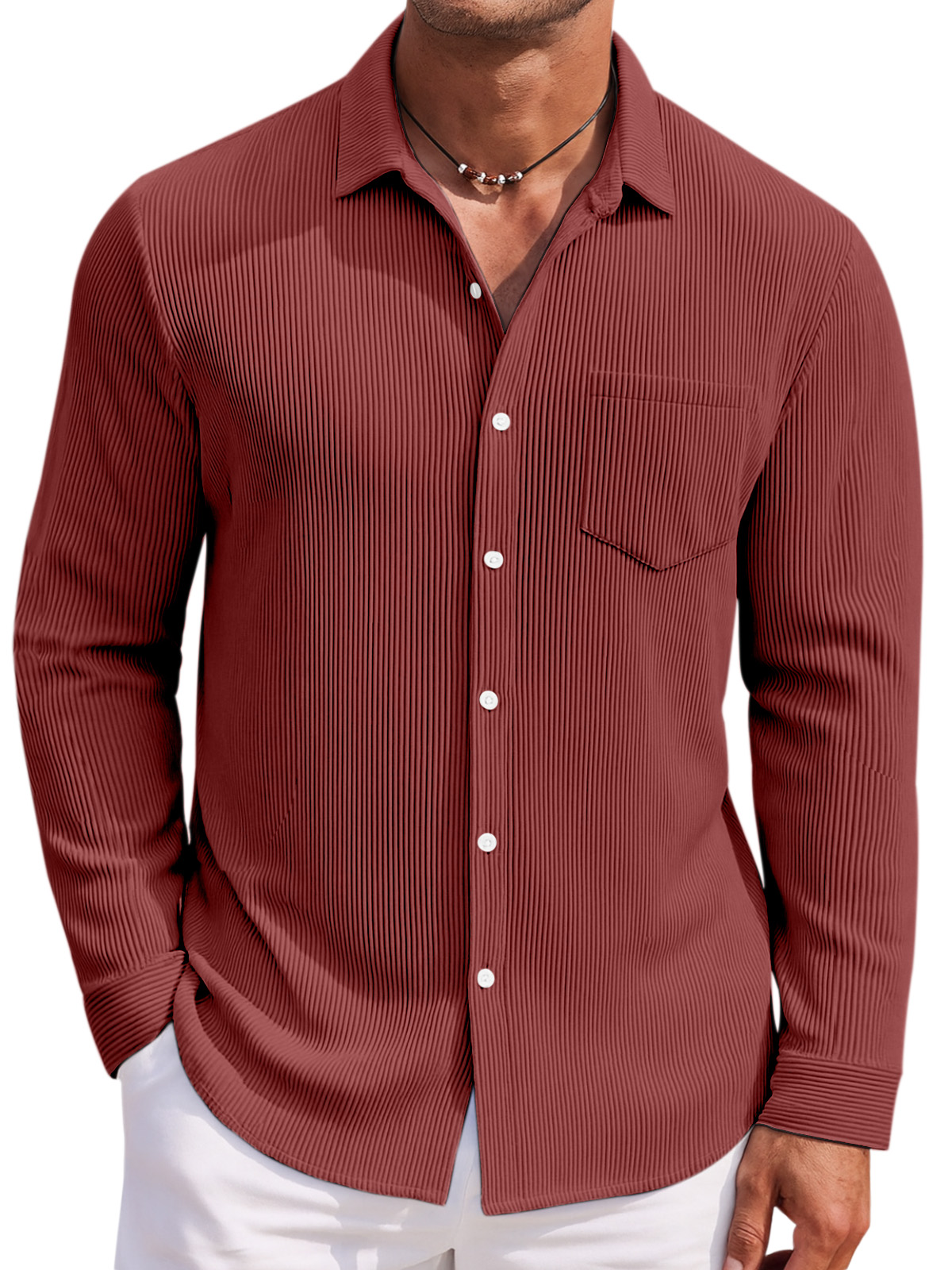 Men's Loose Daily Breathable Solid Color Vertical Pit Strip Long-sleeved Shirt