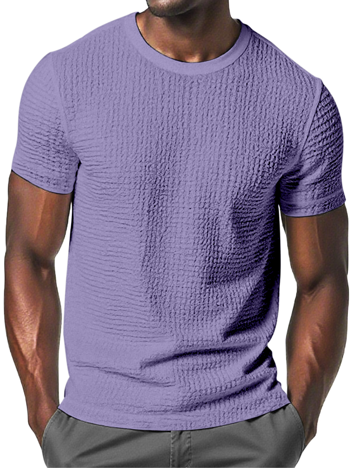 Men's Daily Solid Color Pleated Texture Comfortable Round Neck Short-sleeved T-shirt