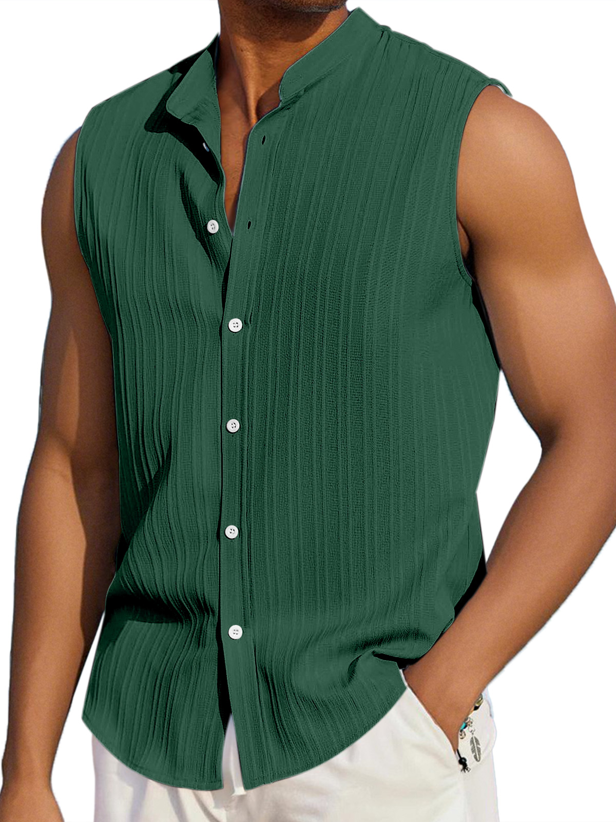 Men's Summer Casual Solid Color Vertical Stripe Loose Lapel Button Sleeveless Shirt