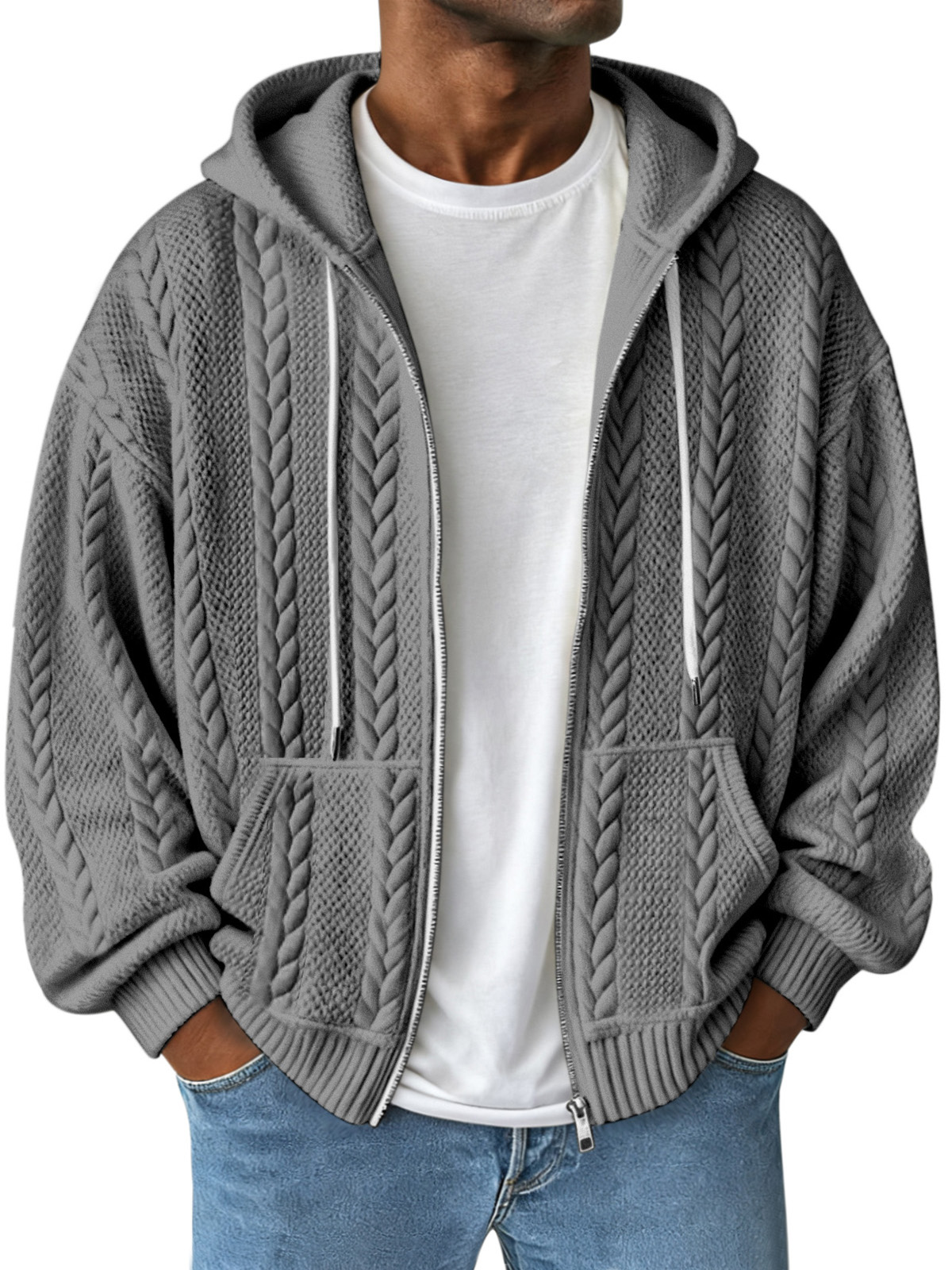 Simple Solid Color Jacquard Hooded Long-sleeved Zipper Jacket
