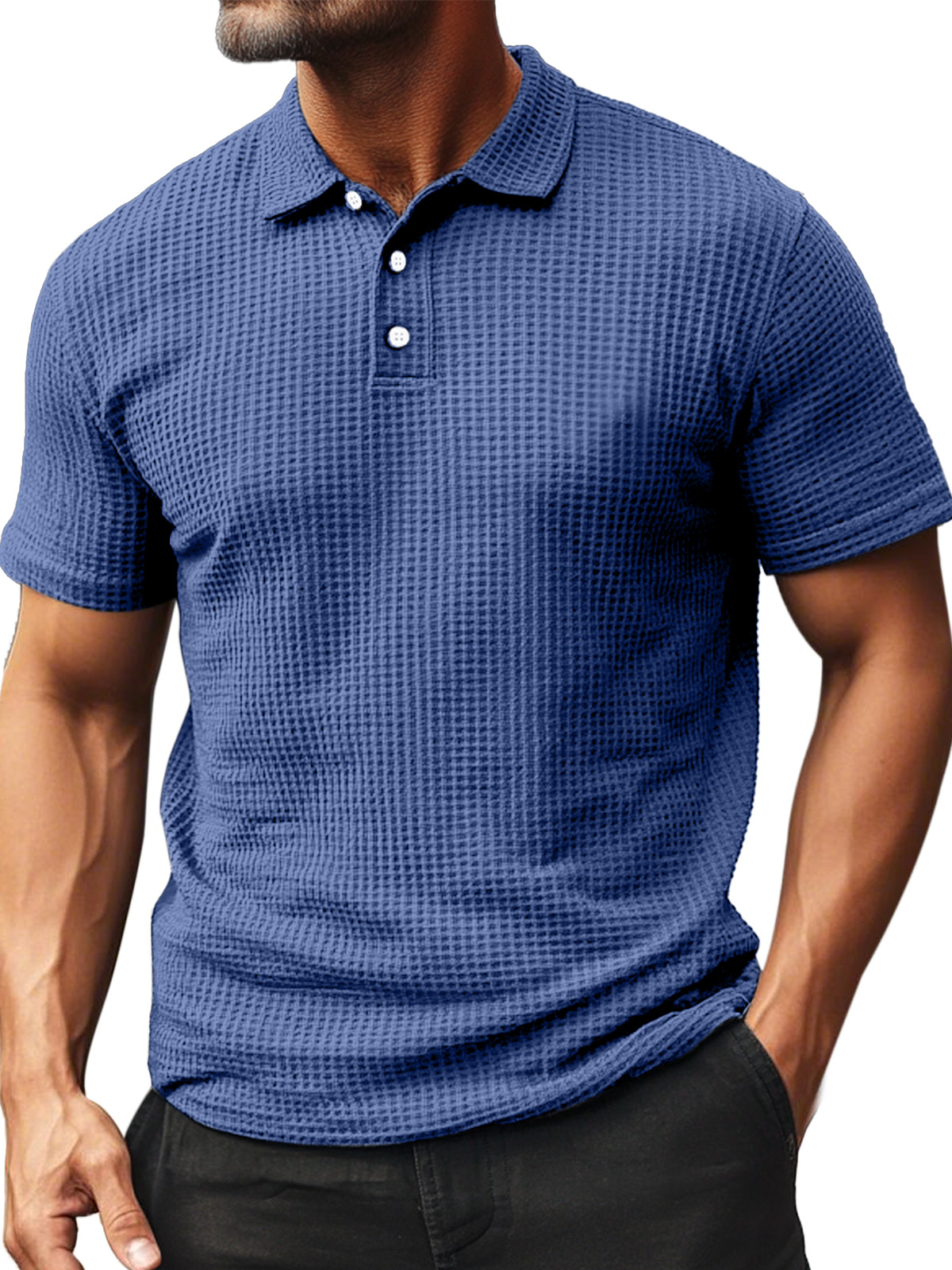 Men's Summer Daily Waffle Texture Short Sleeve Button-up Polo Shirt