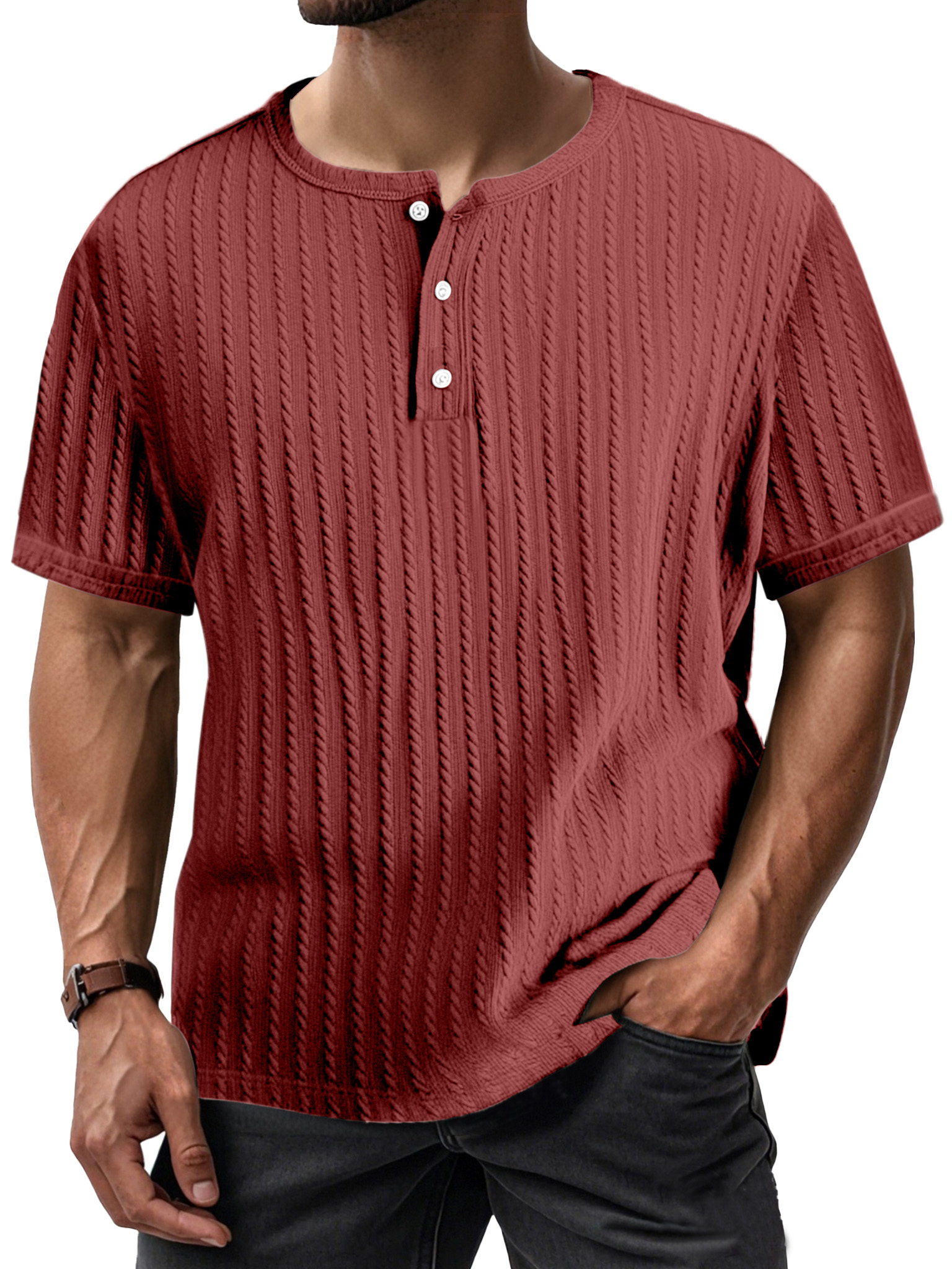 Men's Simple Casual Textured Short-sleeved Henley Shirt