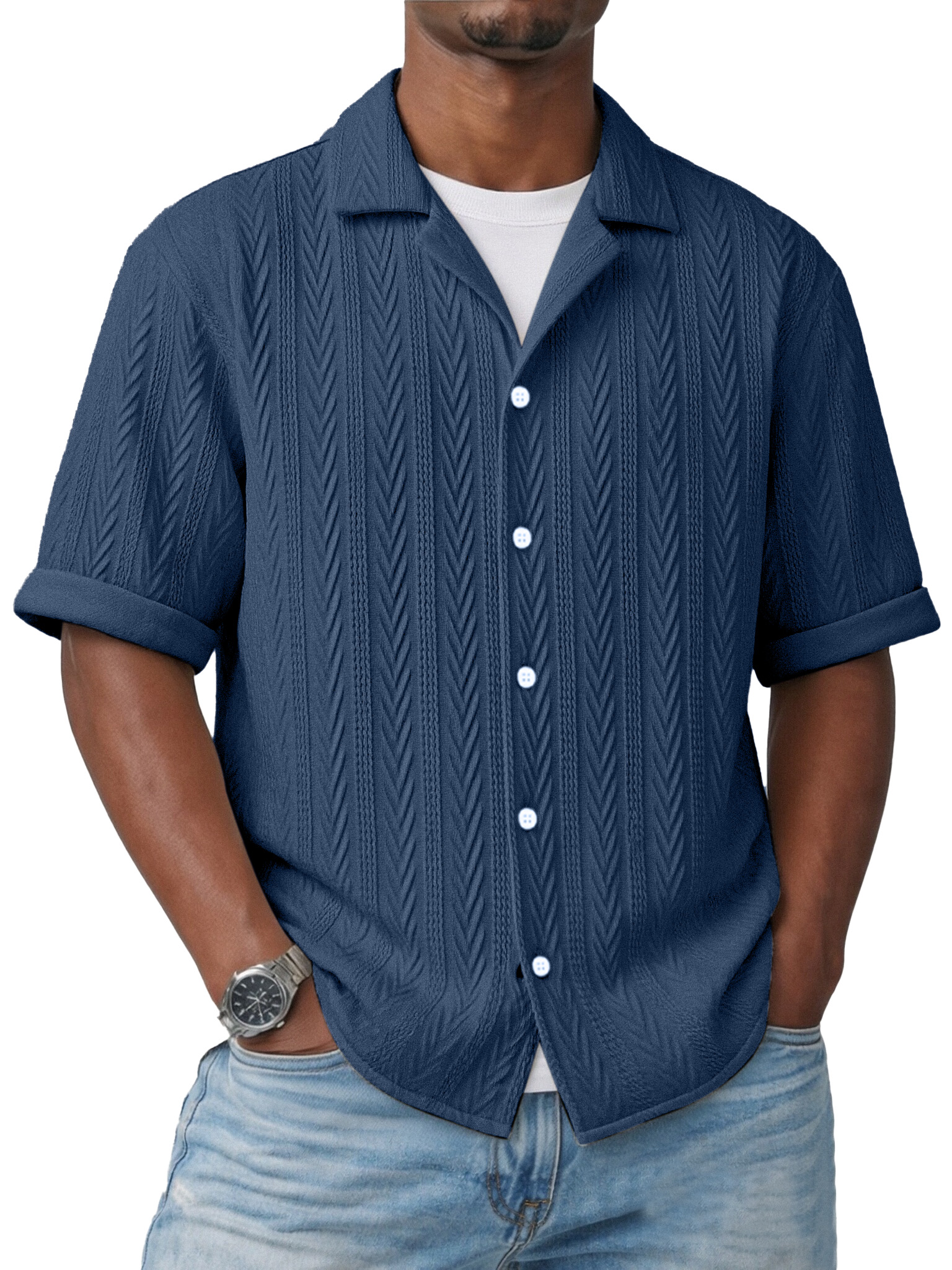 Simple Everyday Textured Short-sleeved Cuban Collar Shirt