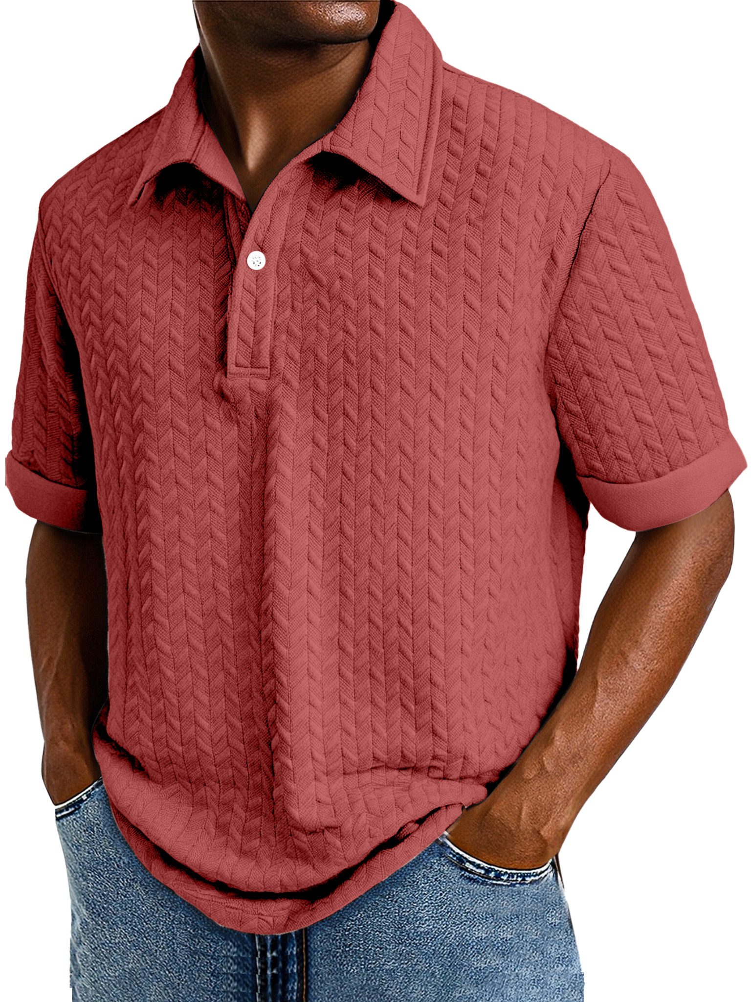 Men's Comfortable Solid Color Textured Short-sleeved Lapel Polo Shirt