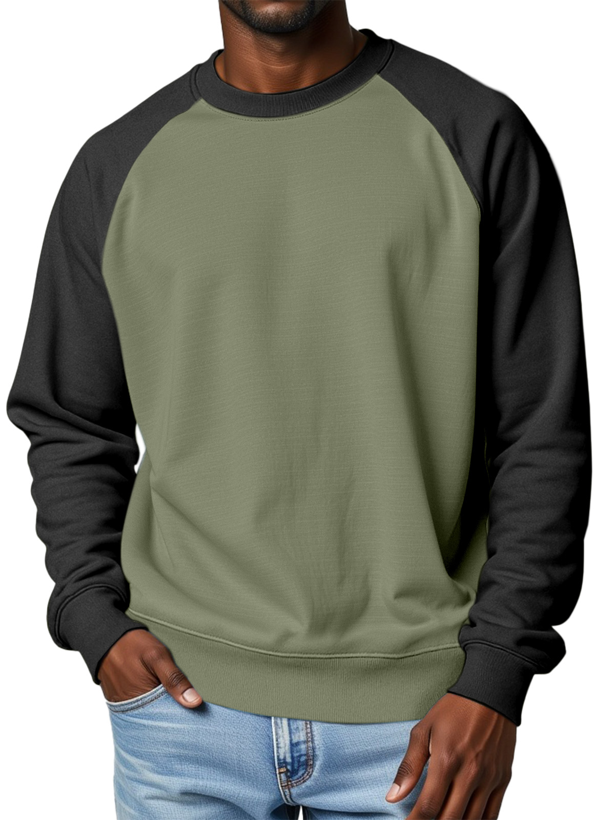 Men's 360g Cotton Solid Color Casual Raglan Round Neck Long-sleeved Sweatshirt