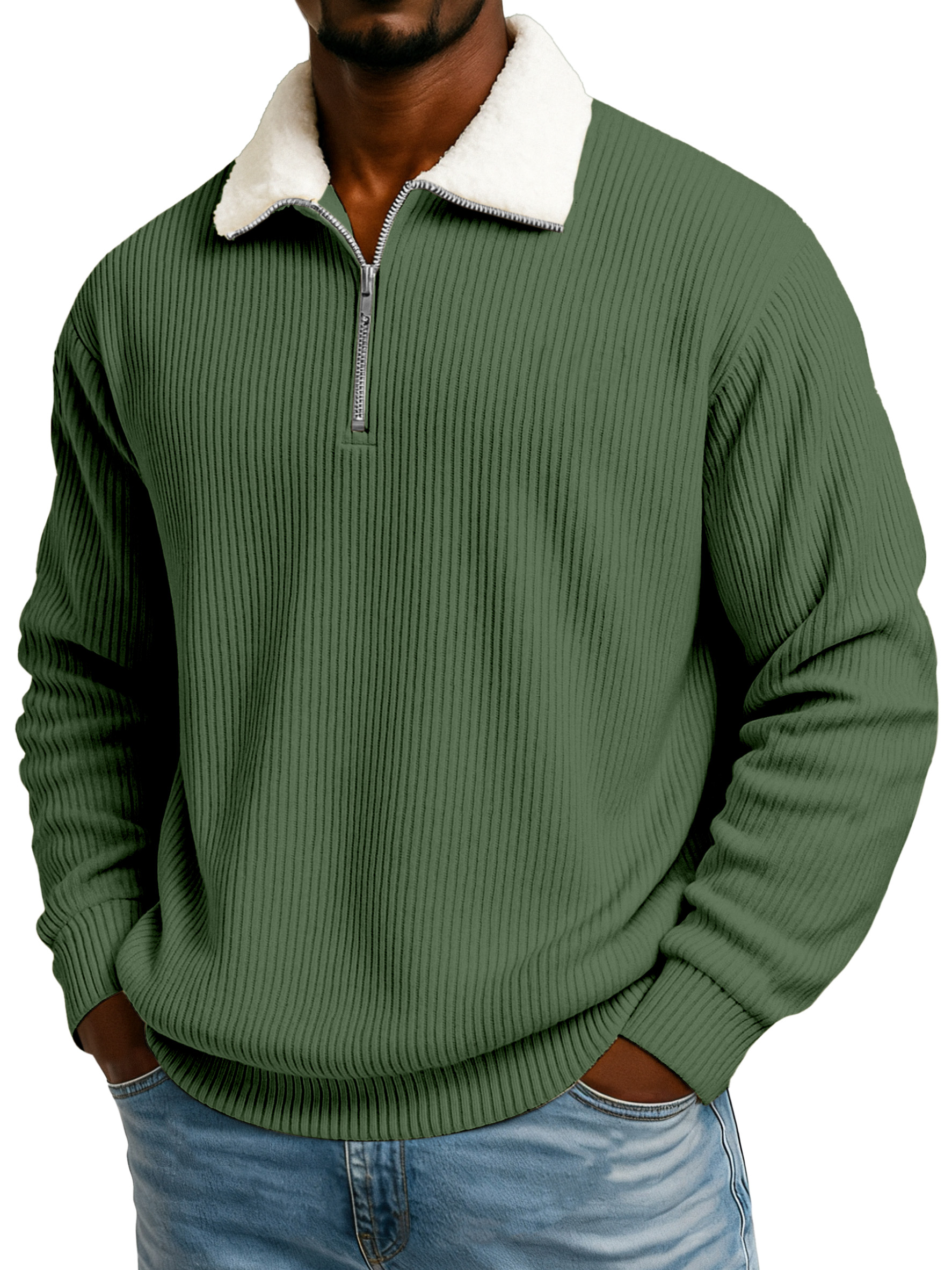 Men's Winter Pit Striped Plush Stand Collar Casual Sweatshirt