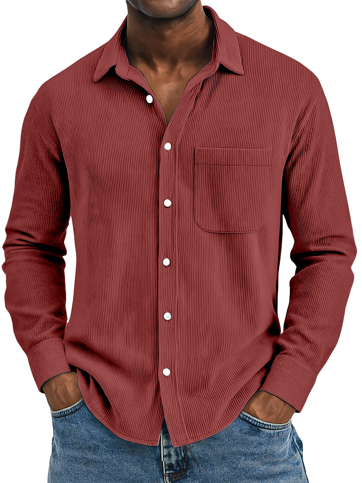 Men's Casual Solid Color Vertical Pit Strip Pocket Lapel Long-sleeved Shirt