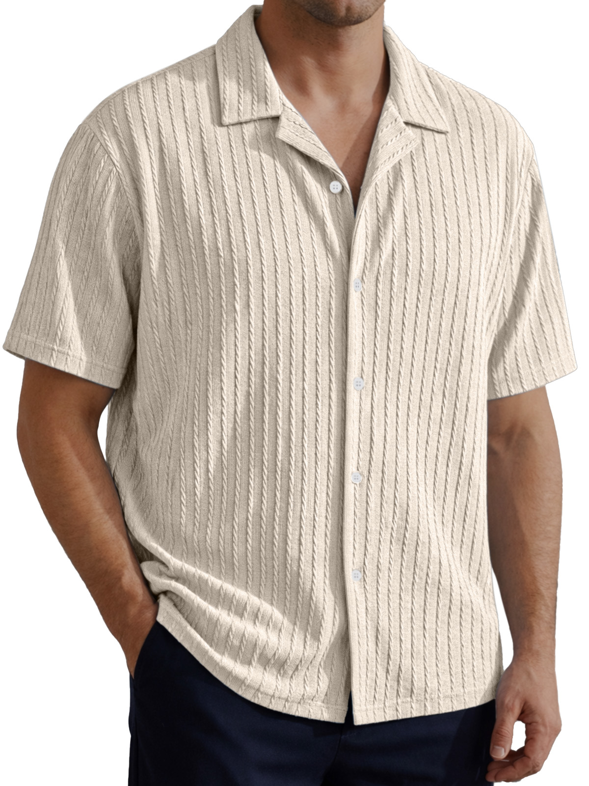 Men's Simple Solid Color Cable Knit Textured Short-Sleeve Collared Shirt
