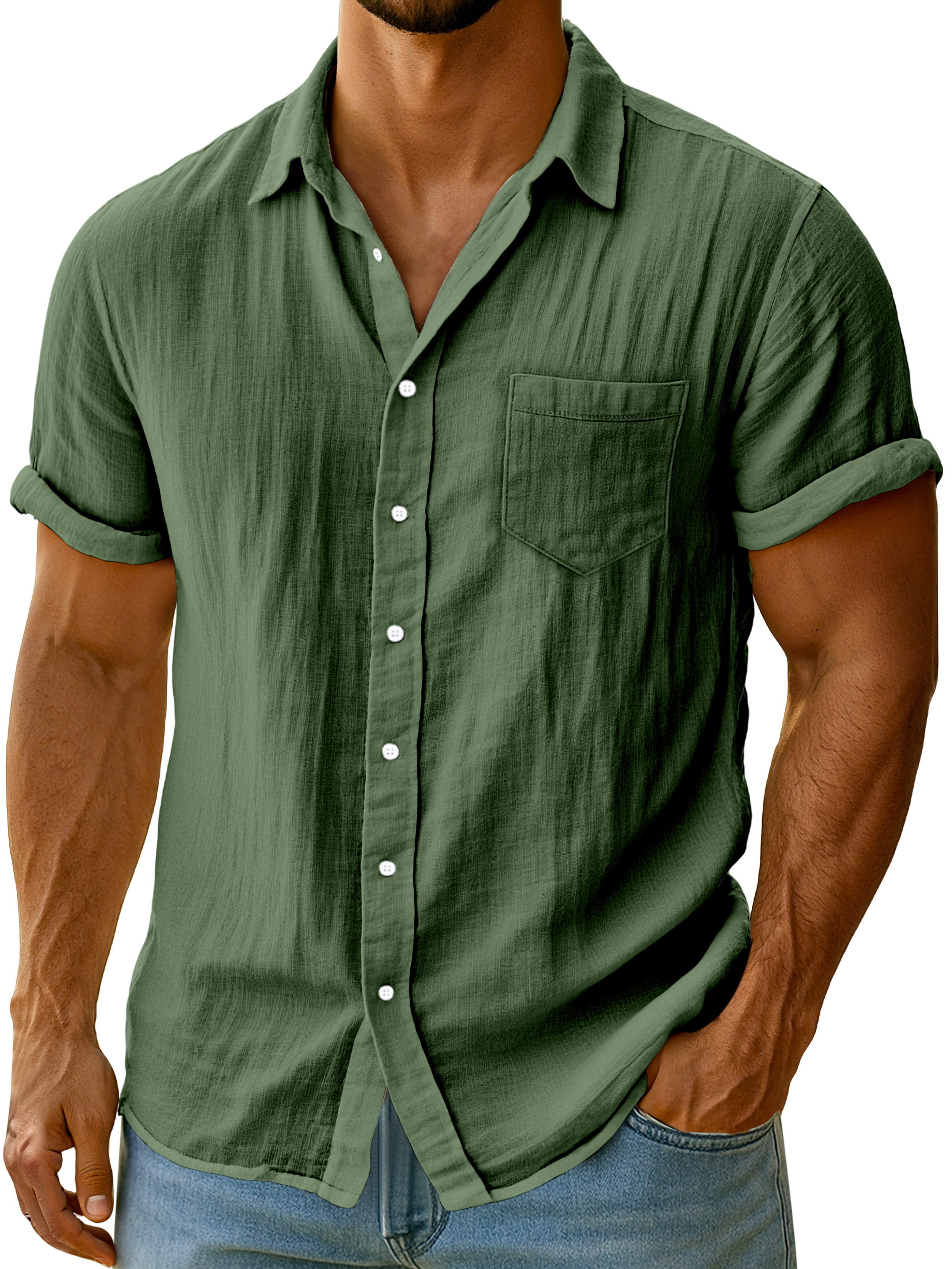 Men's Casual Solid Color Breathable Imitation Linen Button Short-sleeved Shirt