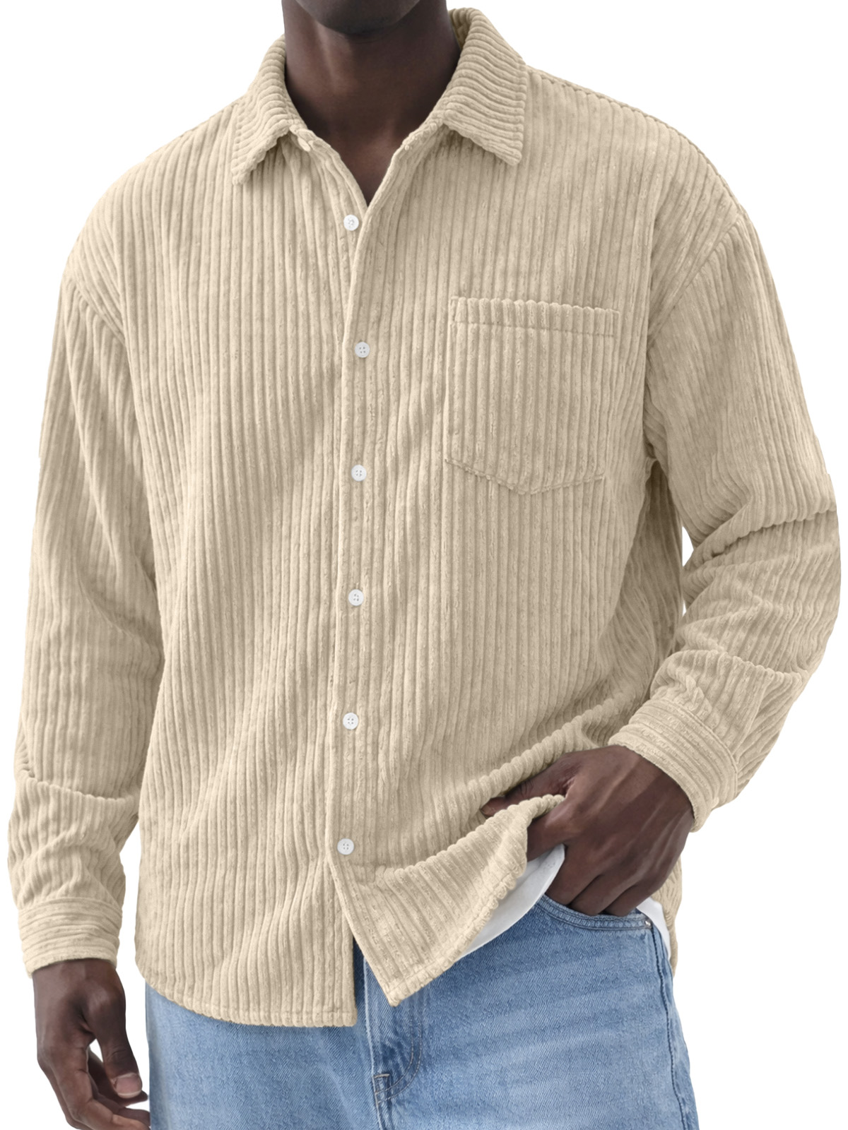 Men's Simple Solid Color Corduroy Long-Sleeve Polo Shirt