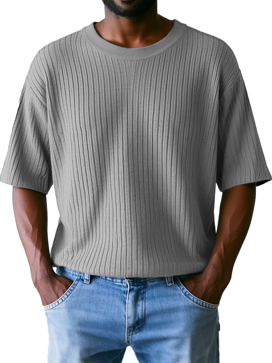Men's Fashion Casual Ribbed Fabric Short-sleeved Round Neck T-shirt
