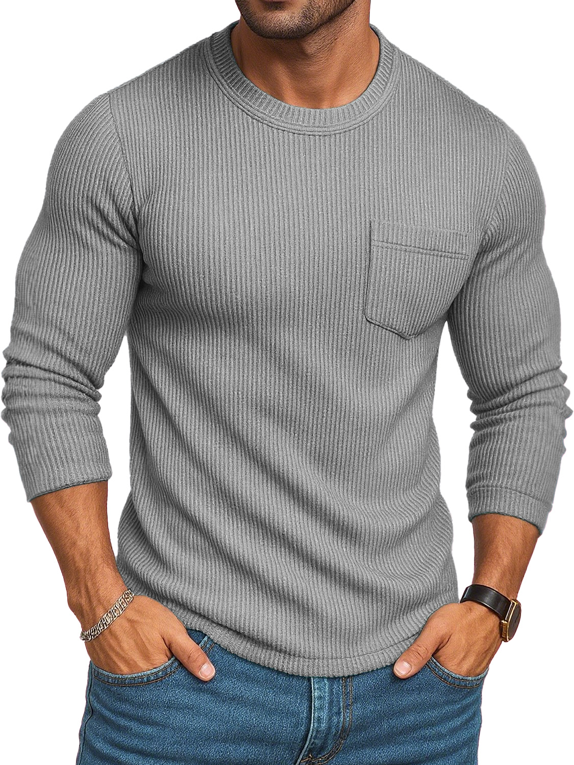 Men's Stylish Casual Retro Round-neck Ribbed Fabric Long-sleeved Pocket T-shirt