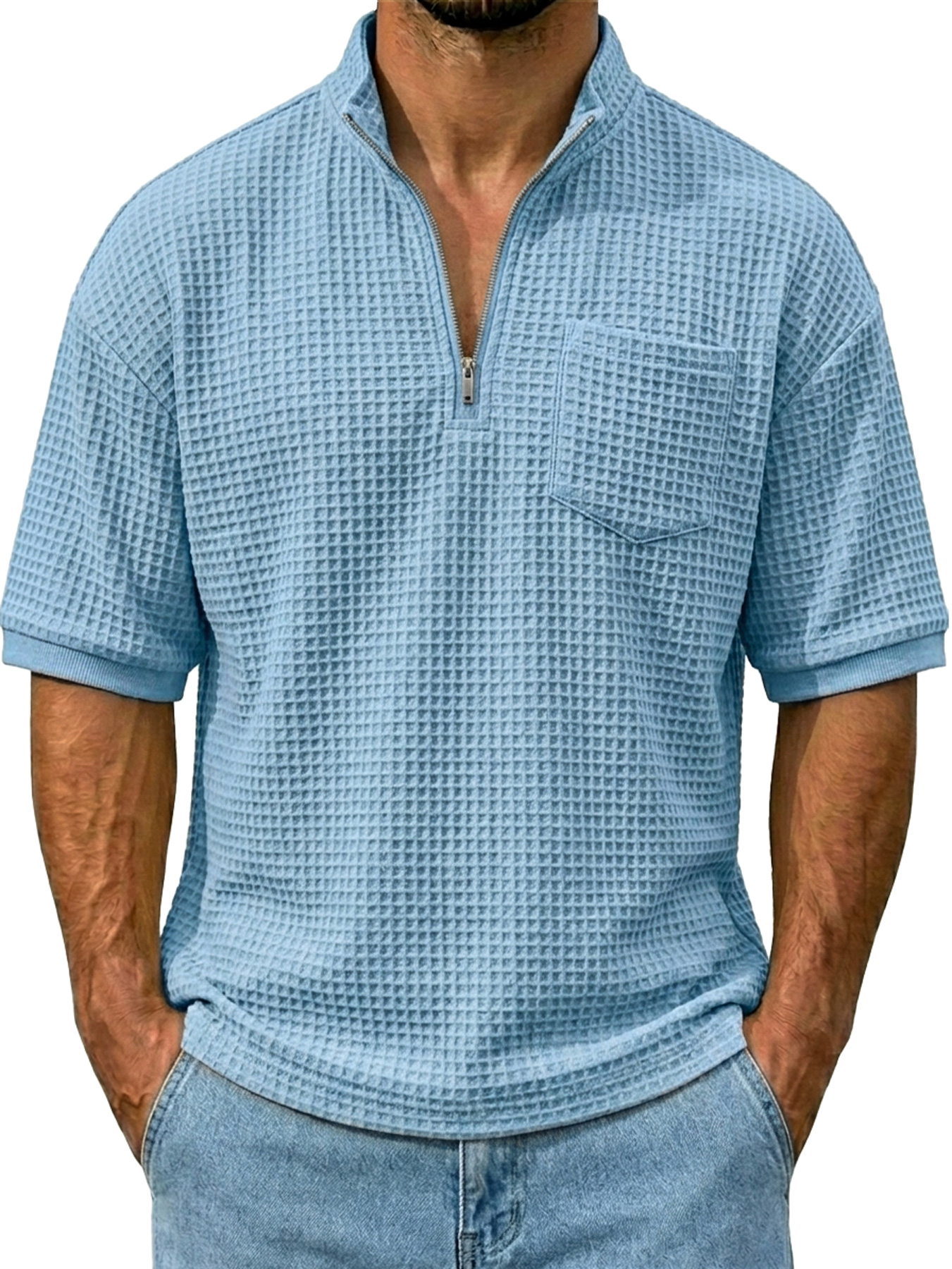 Men's Waffle Stand Collar Zipper Casual Pocket Short-sleeve T-shirt