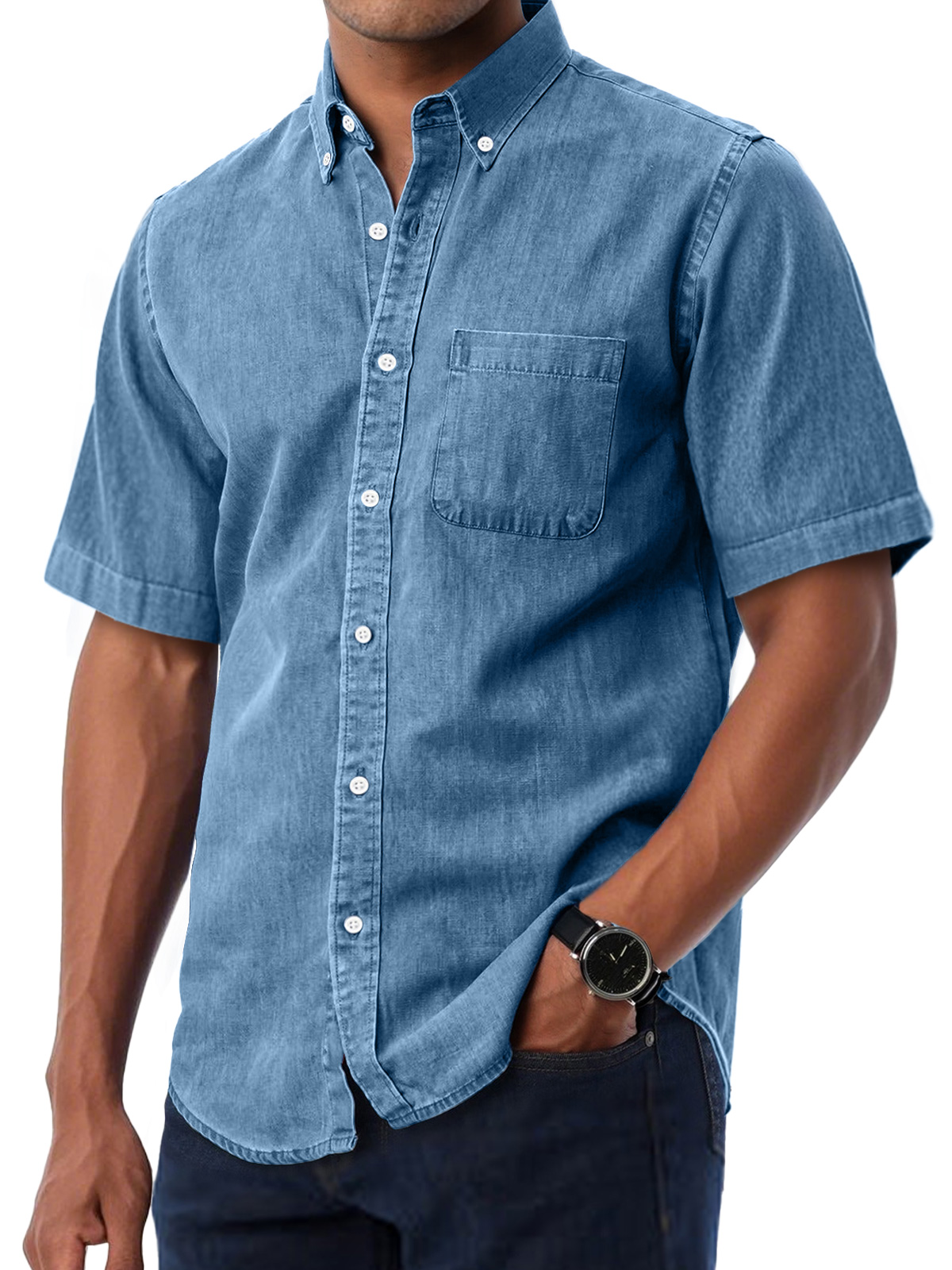 Men's Daily Casual Lapel Pocket Solid Color Comfortable Short Sleeve Shirt