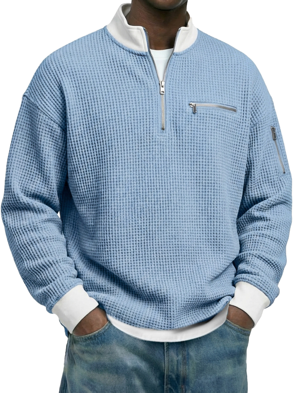 Men's Waffle-knit Stand-collar Color-block Zippered Casual Long-sleeved T-shirt