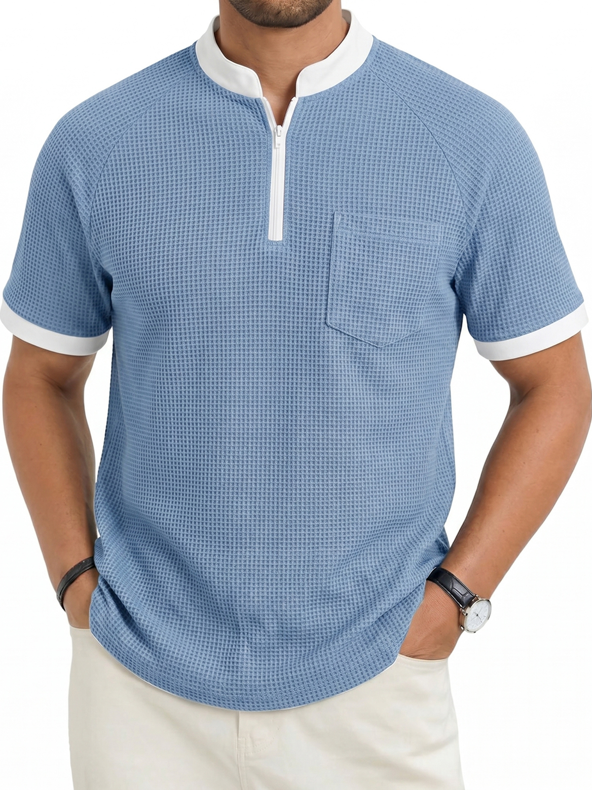 Men's Fashion Casual Stand Collar Zipper Waffle Fabric Pocket Short-Sleeve Top