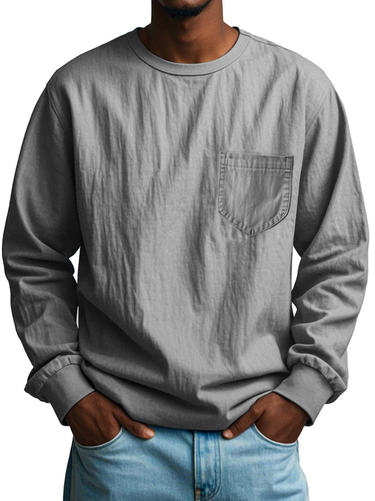 Men's Fashion Casual Pleated Round Neck Long Sleeve Pocket T-Shirt
