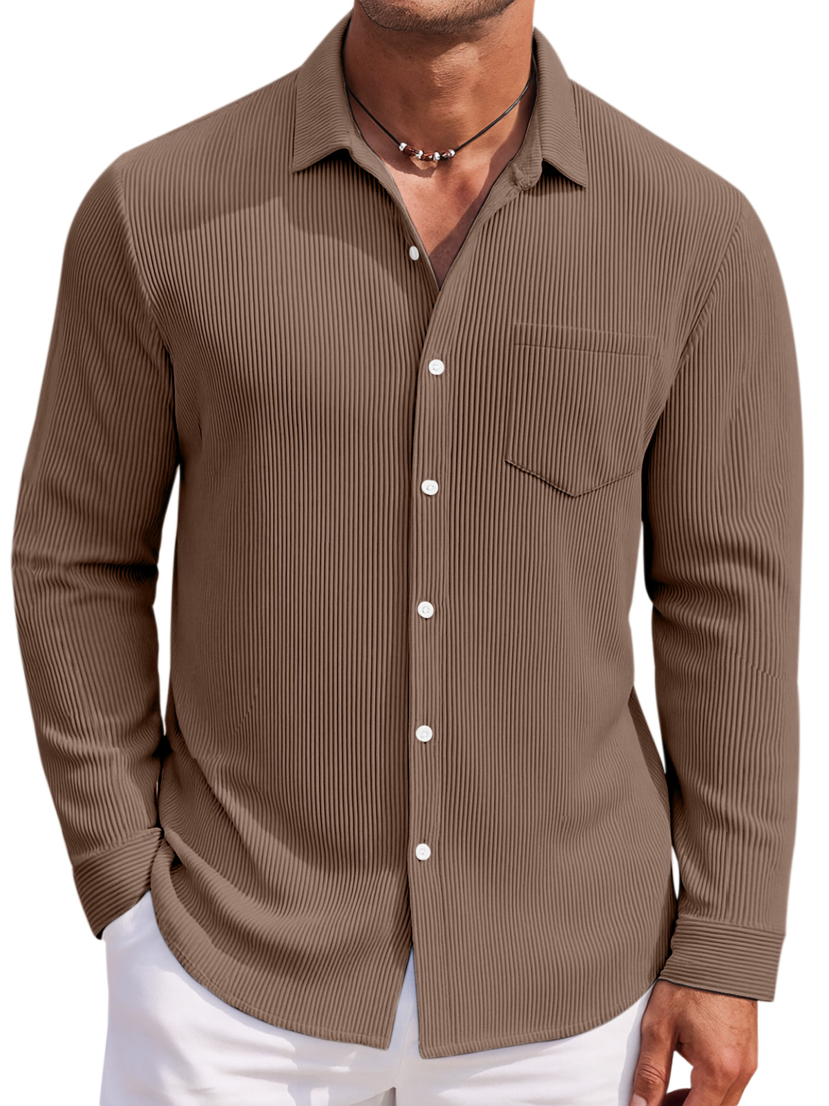 Men's Loose Daily Breathable Solid Color Vertical Pit Strip Long-sleeved Shirt
