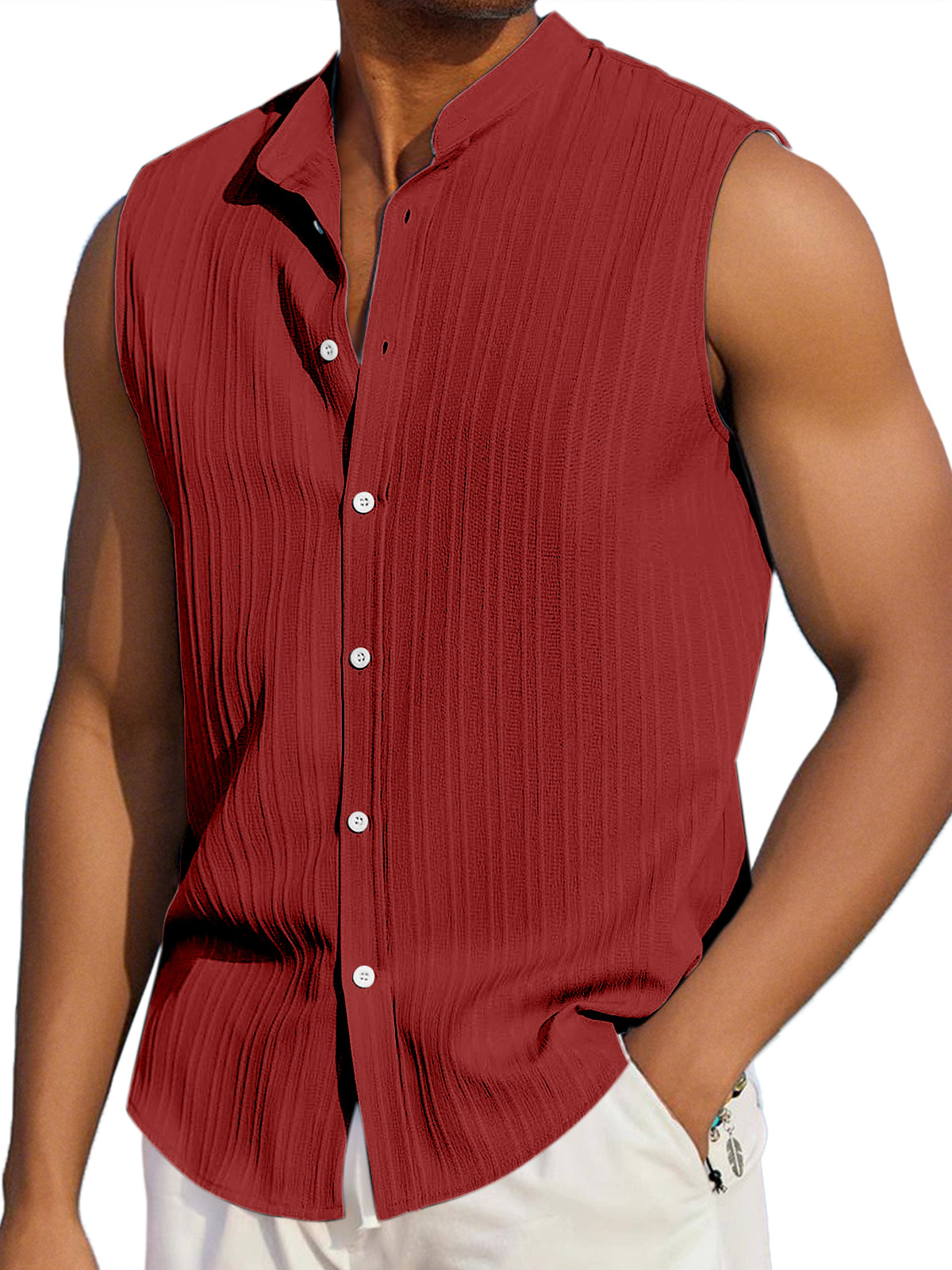 Men's Summer Casual Solid Color Vertical Stripe Loose Lapel Button Sleeveless Shirt