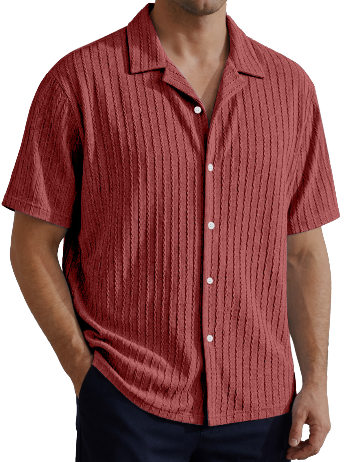 Men's Simple Solid Color Cable Knit Textured Short-Sleeve Collared Shirt
