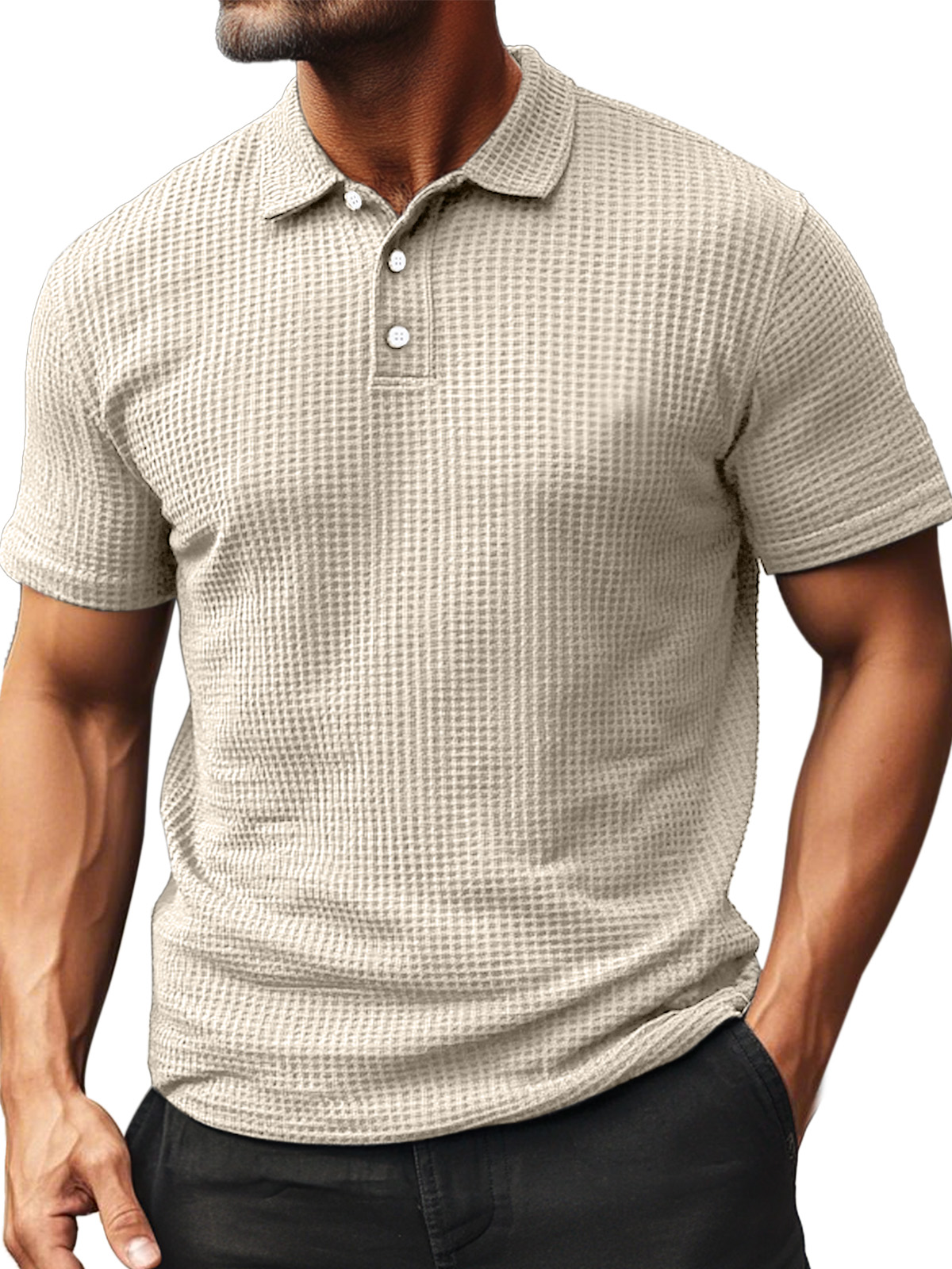 Men's Summer Daily Waffle Texture Short Sleeve Button-up Polo Shirt