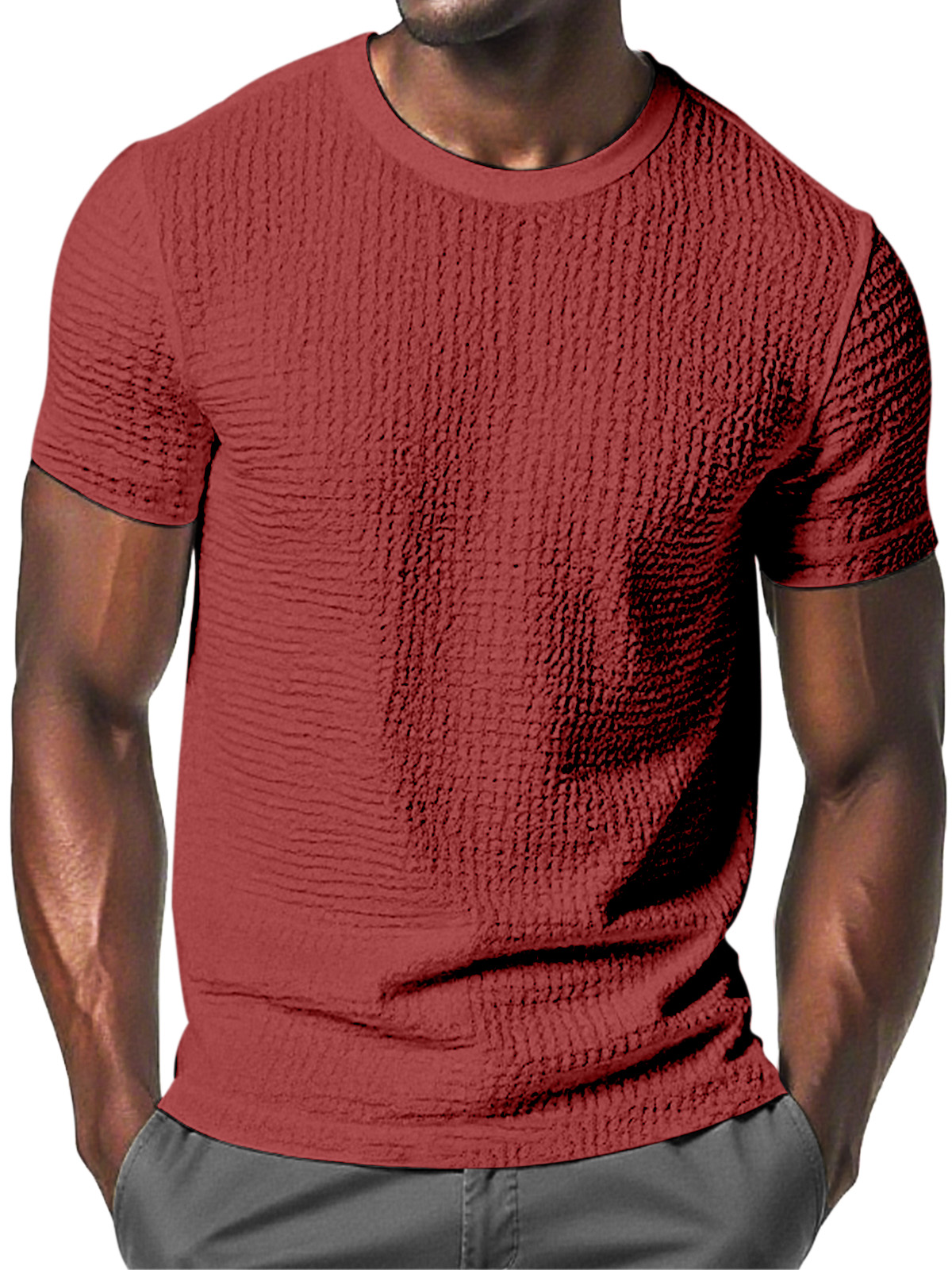 Men's Daily Solid Color Pleated Texture Comfortable Round Neck Short-sleeved T-shirt