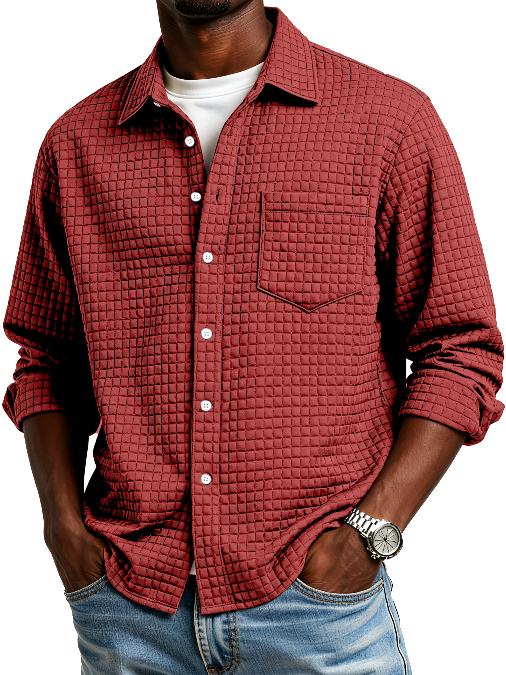 Men's Simple Small Checkered Textured Lapel Button-down Long-sleeved Shirt