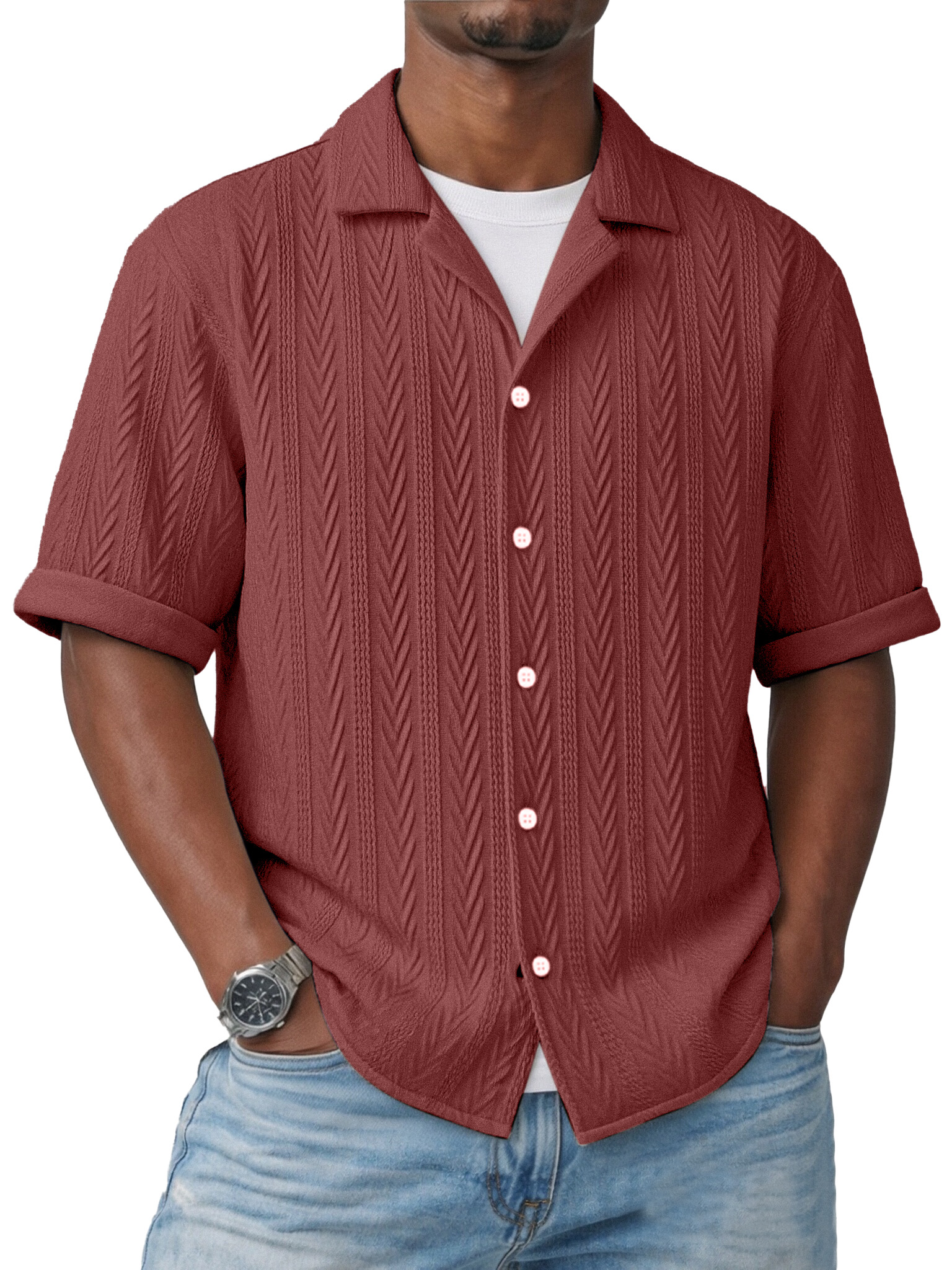Simple Everyday Textured Short-sleeved Cuban Collar Shirt