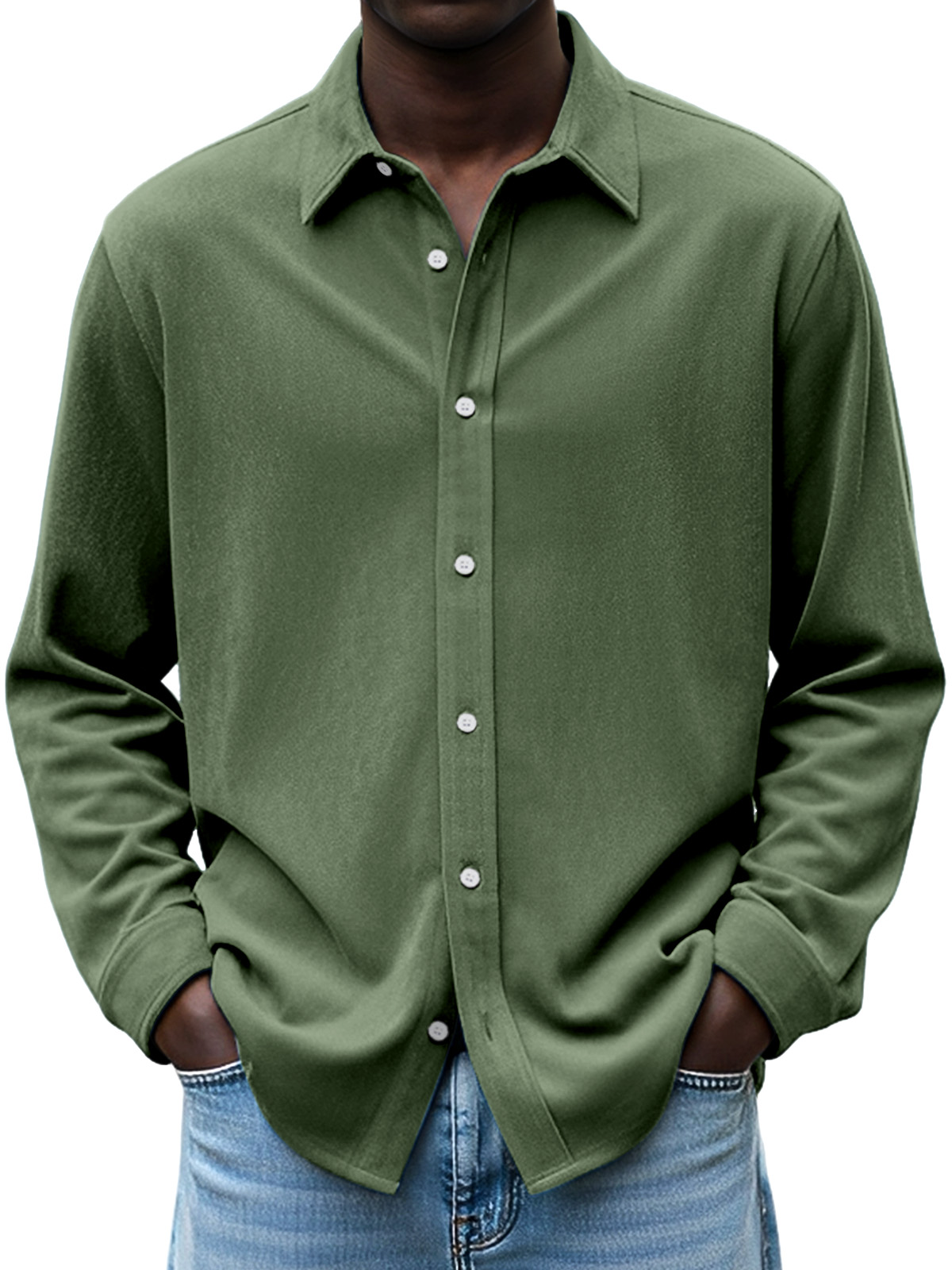 Men's Simple Daily Casual Design Suede Solid Color Lapel Long-sleeved Shirt