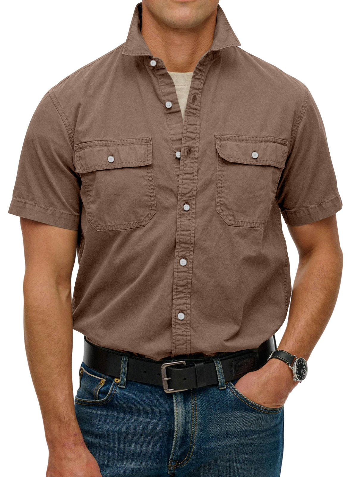 Men's simple double-pocket lapel button-down short-sleeved shirt