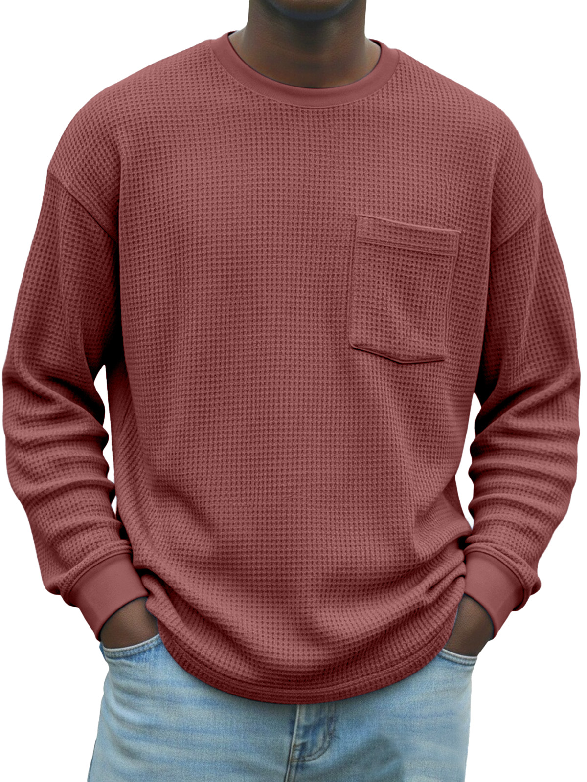 Men's Stylish Waffle-knit Pocket Long-sleeved Crew Neck T-shirt