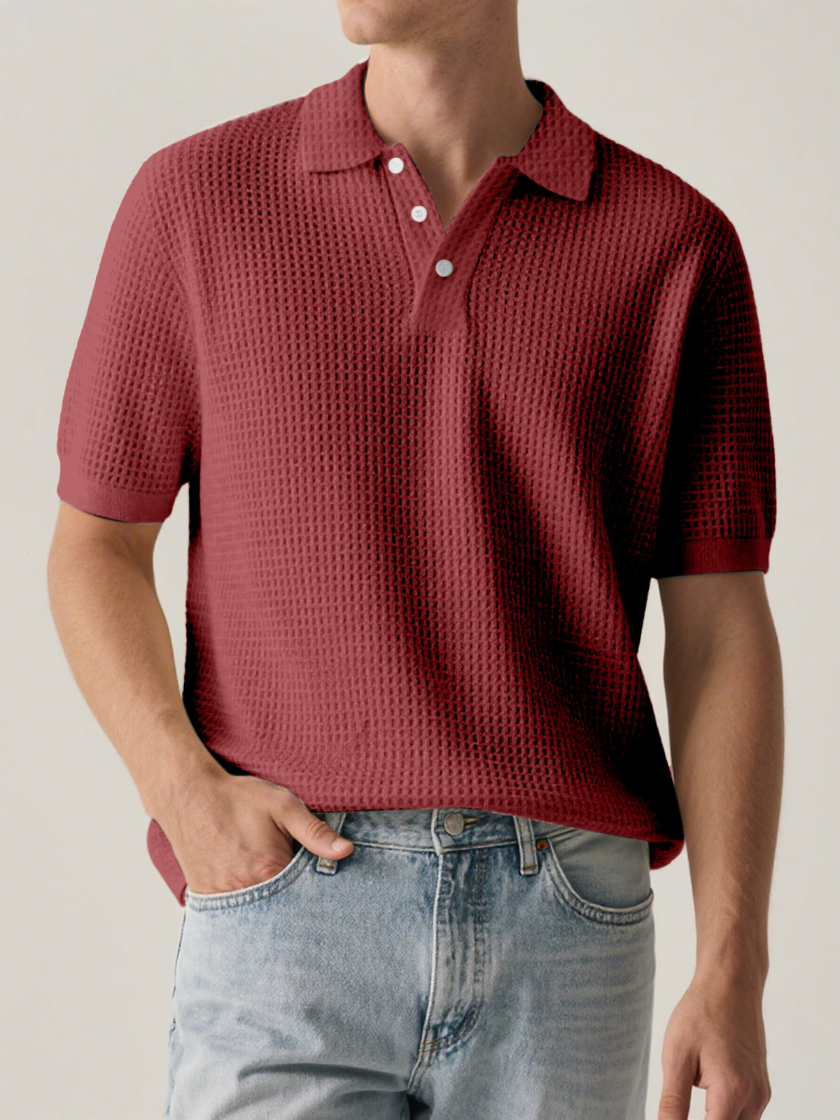Men's Everyday Solid Color Waffle Short Sleeve Lapel Polo Shirt