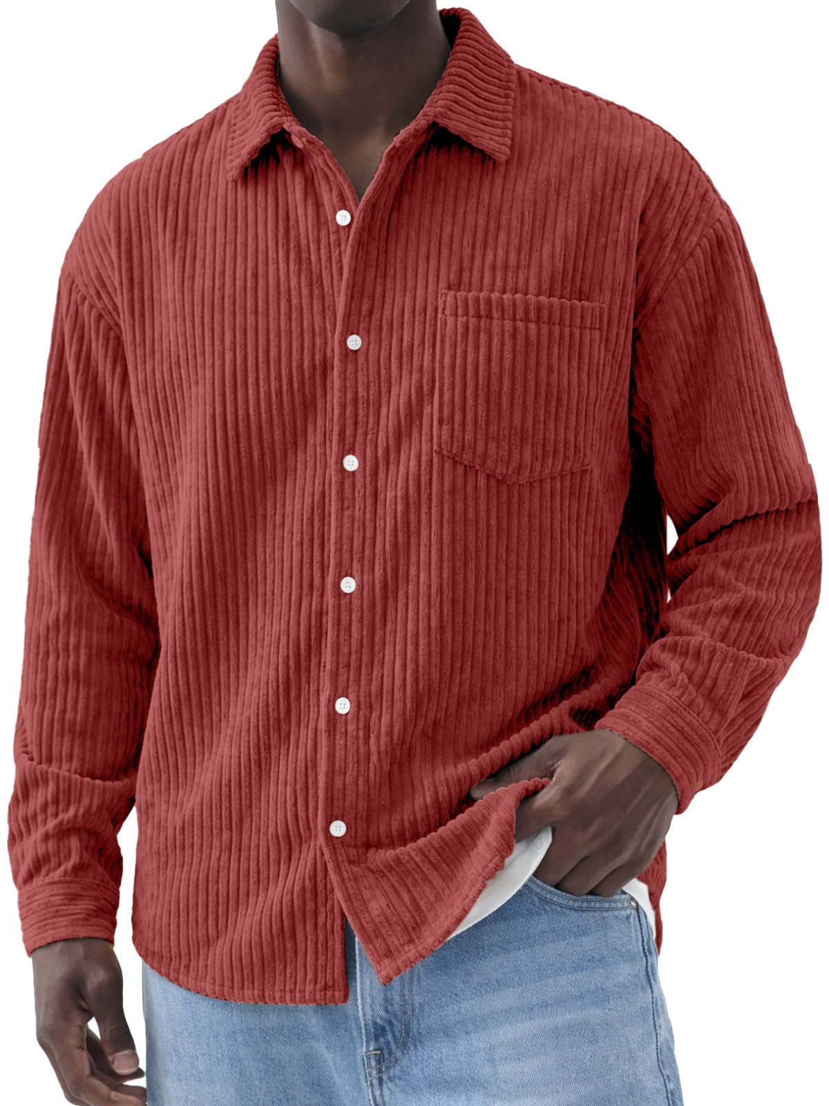 Men's Simple Solid Color Corduroy Long-Sleeve Polo Shirt
