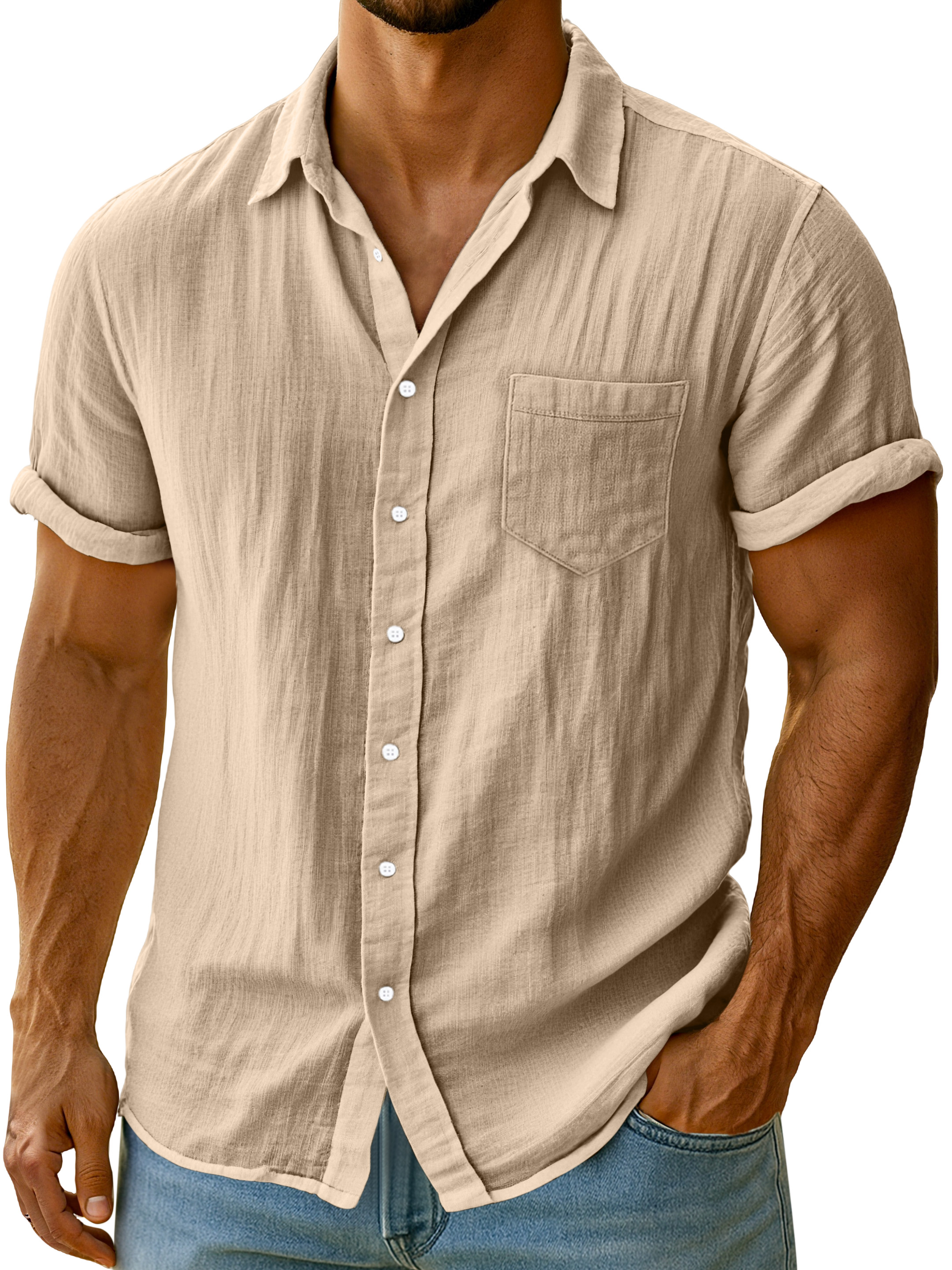 Men's Casual Solid Color Breathable Imitation Linen Button Short-sleeved Shirt