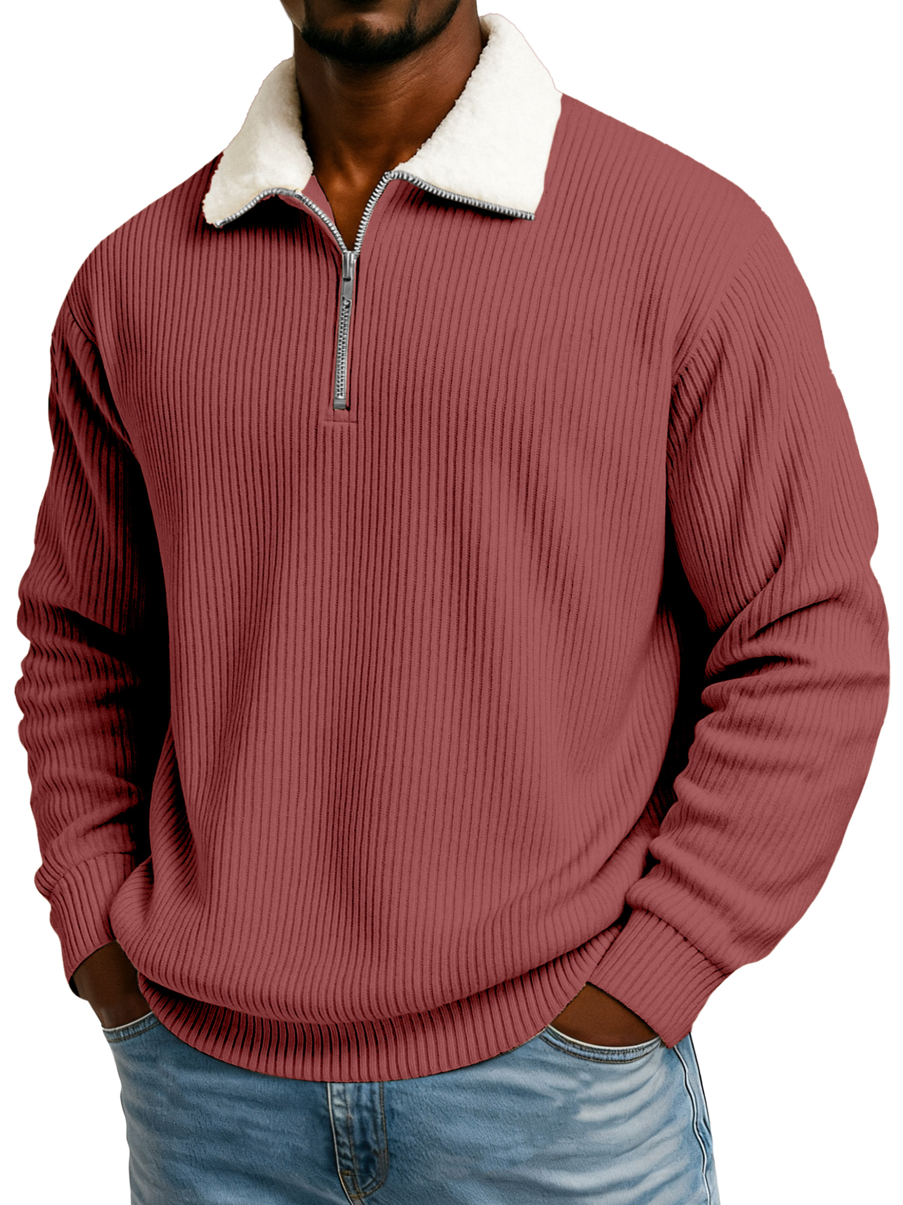 Men's Winter Pit Striped Plush Stand Collar Casual Sweatshirt