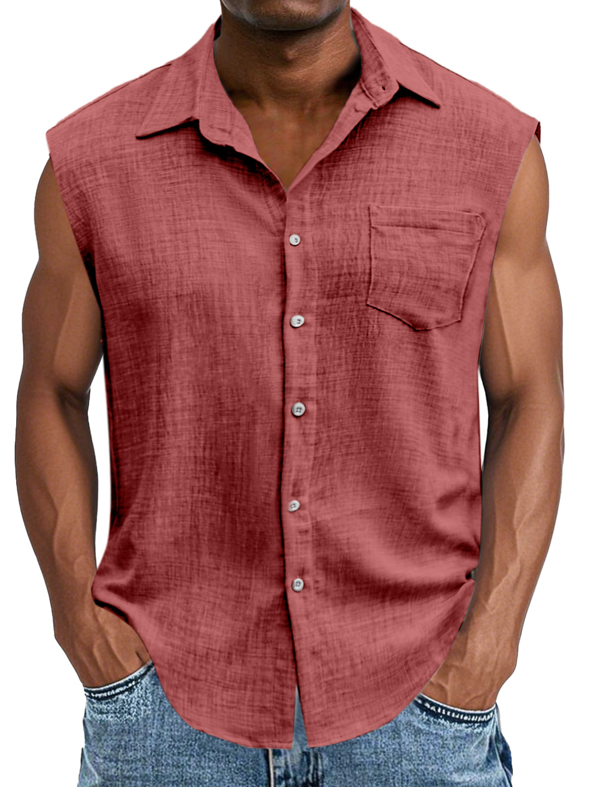 Men's Casual And Comfortable Imitation Linen Button Sleeveless Lapel Shirt