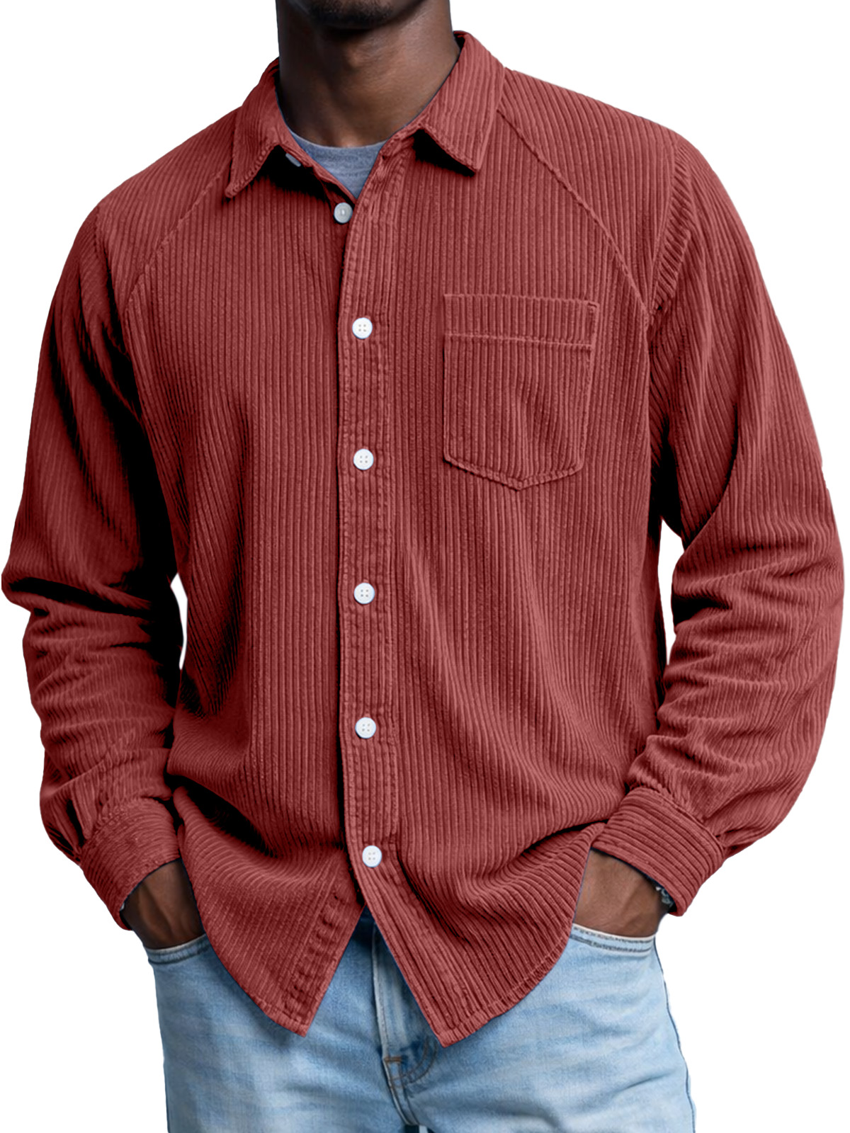 Men's Retro Corduroy Raglan Long-Sleeve Lapel Shirt