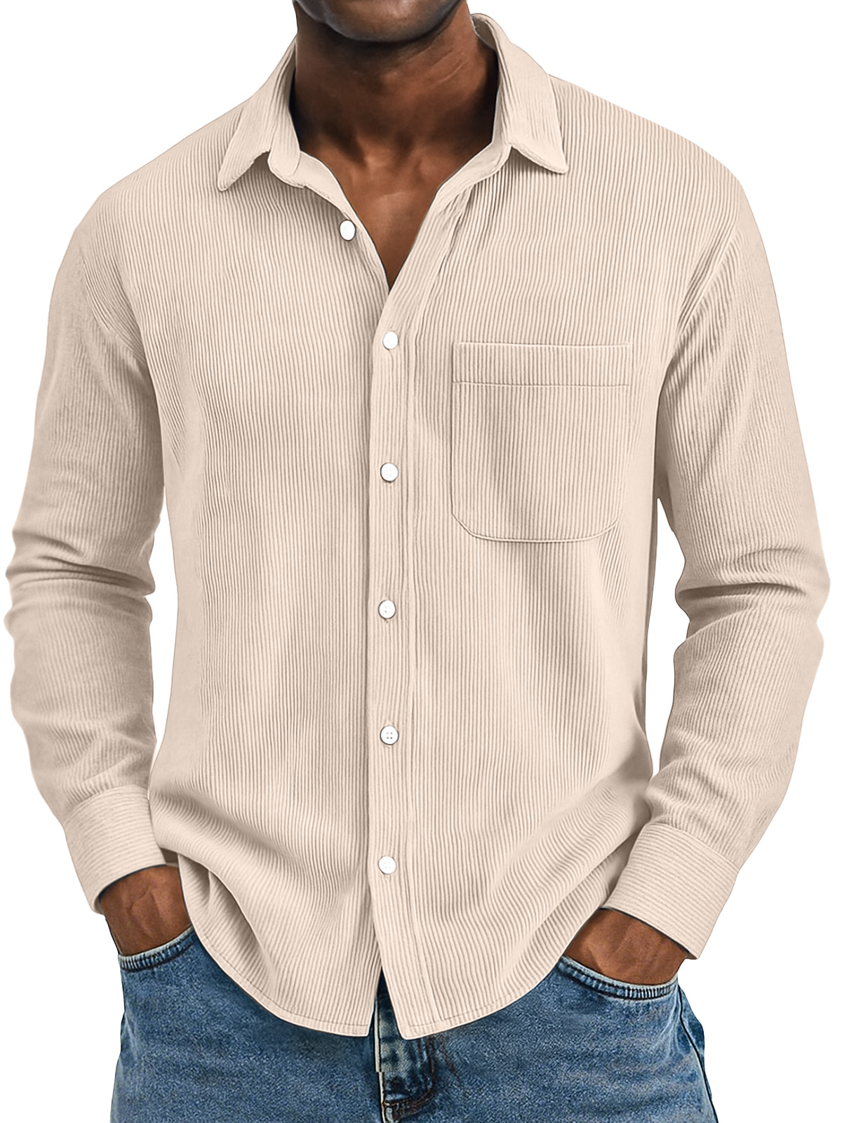 Men's Casual Solid Color Vertical Pit Strip Pocket Lapel Long-sleeved Shirt