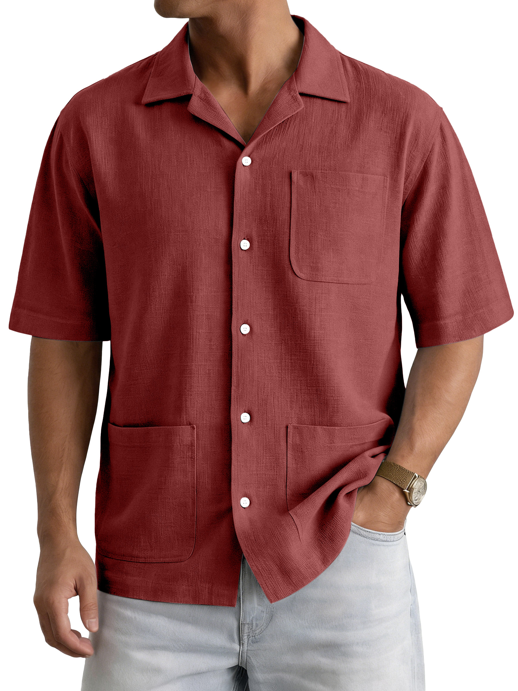 Men's Casual Simple Solid Color Multi-Pocket Cuban Collar Short-Sleeve Shirt