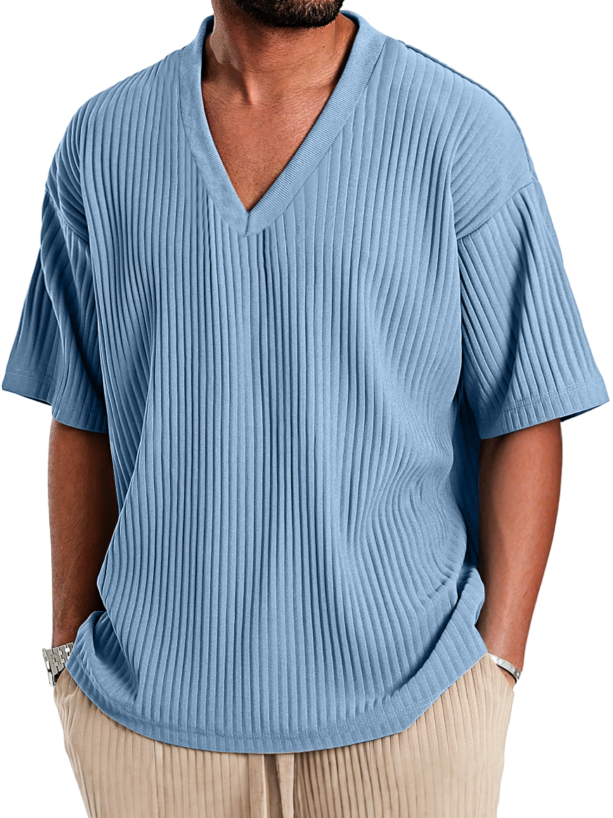 Men's Casual V-neck Ribbed Comfortable Short-sleeved T-shirt