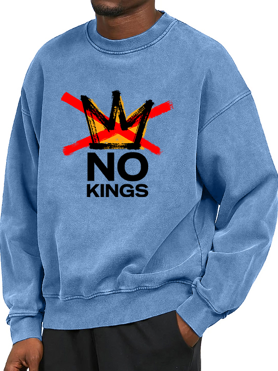 Men's Washed And Distressed Vintage No Kings Print Crewneck Sweatshirt