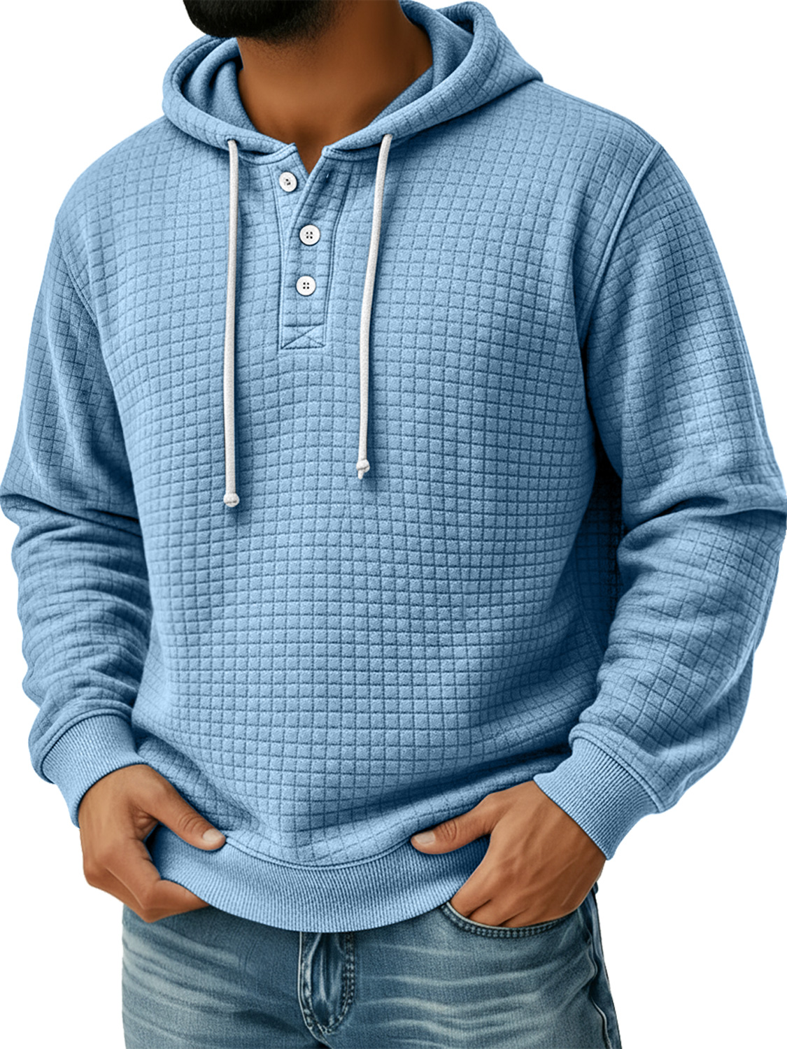 Men's Small Plaid Button Hooded Casual Loose Sweatshirt