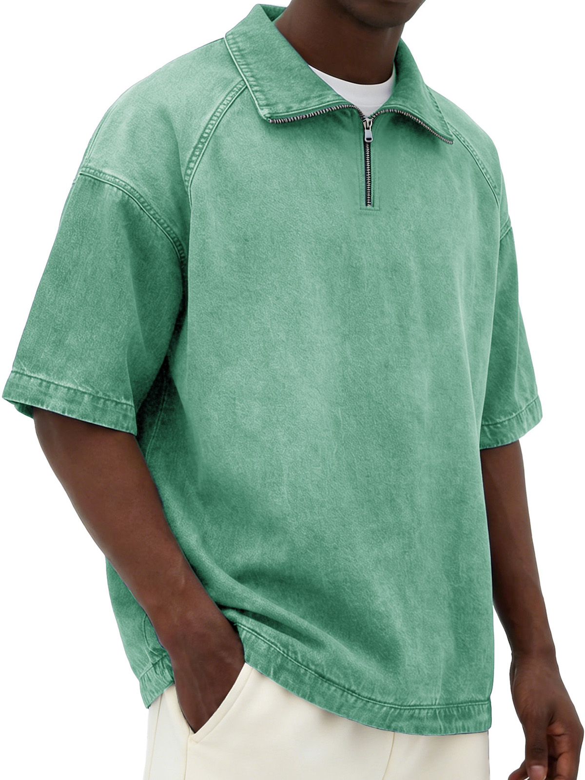Men's Retro Distressed Zipper Raglan Collar Loose-Fit Short-Sleeve Polo Shirt