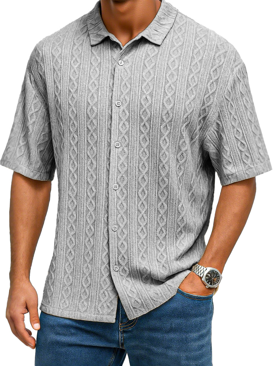 Men's Fashion Casual Jacquard Fabric Lapel Short-sleeved Shirt