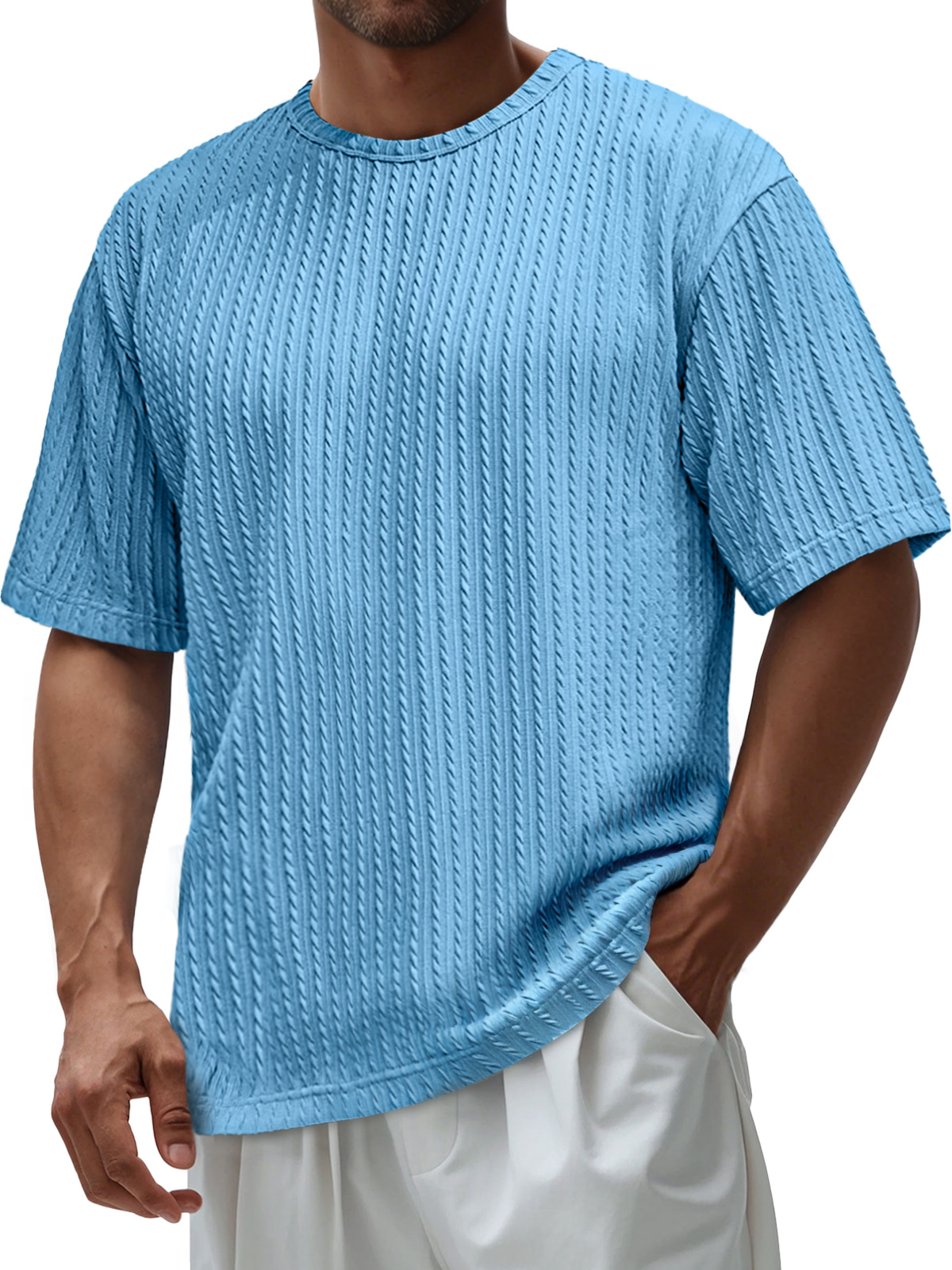 Men's Daily Round Neck Jacquard Texture Casual Solid Color Short-sleeved T-shirt