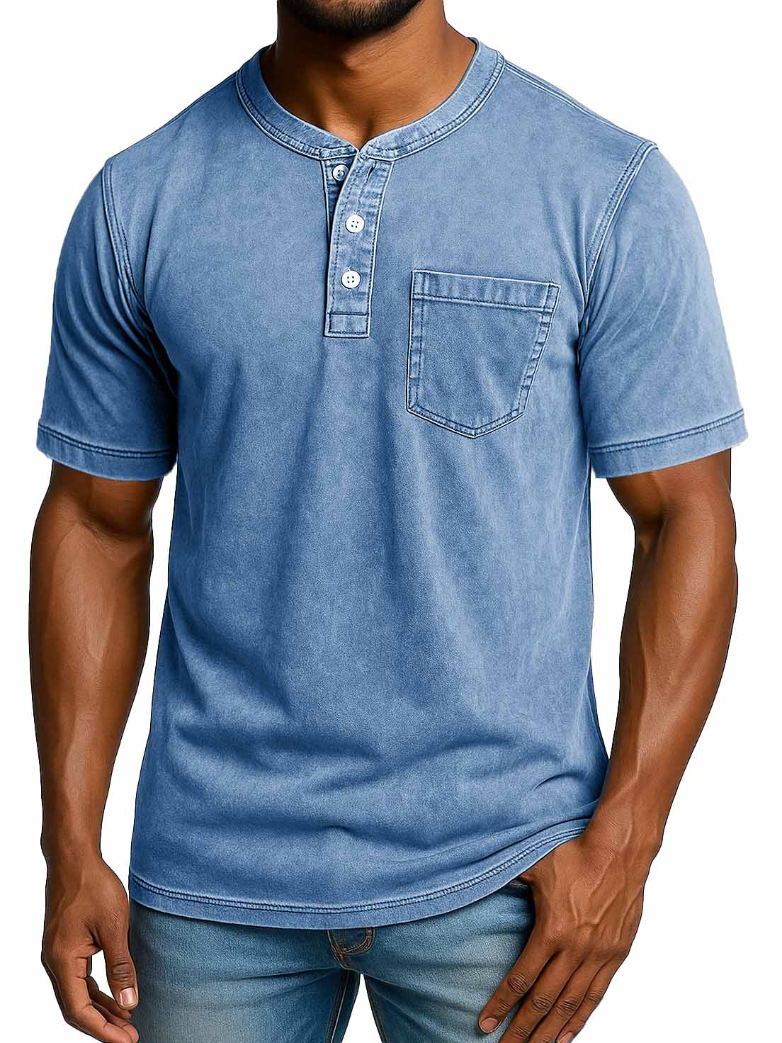 Men's Fashion Retro Distressed Short-sleeved Pocket Henley Shirt