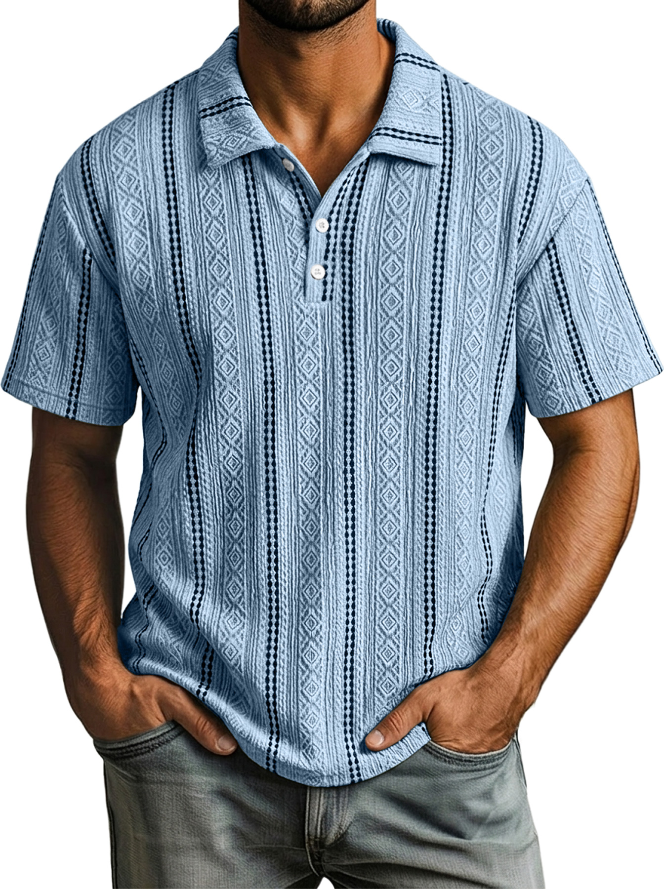 Men's Casual Color-Blocked Textured Collar Button-Up Comfortable Short-Sleeve Polo Shirt